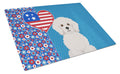 Bichon Frise USA American Cutting Board Tempered Glass Kitchen Cutting Surface, Heat Resistant Chopping, Non-Slip Feet, Food Prep & Serving