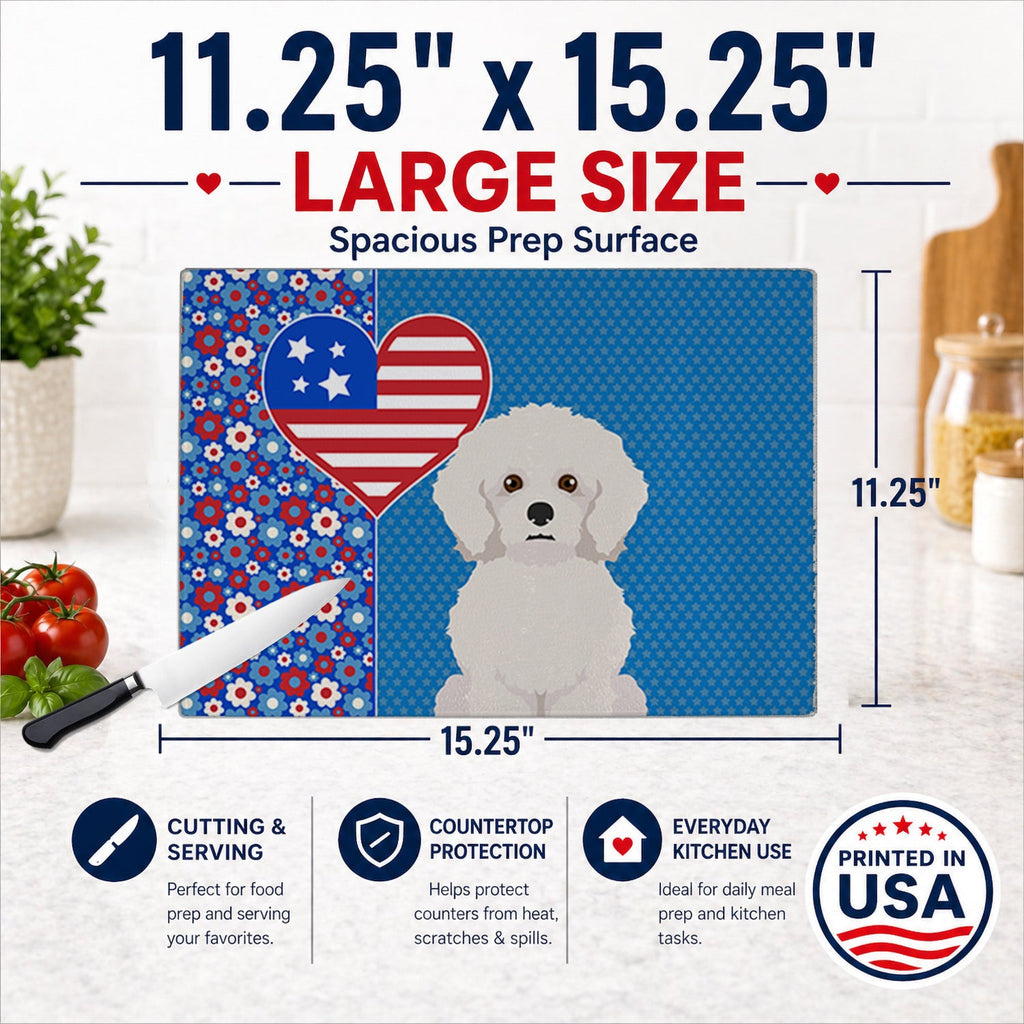 Bichon Frise USA American Cutting Board Tempered Glass Kitchen Cutting Surface, Heat Resistant Chopping, Non-Slip Feet, Food Prep & Serving