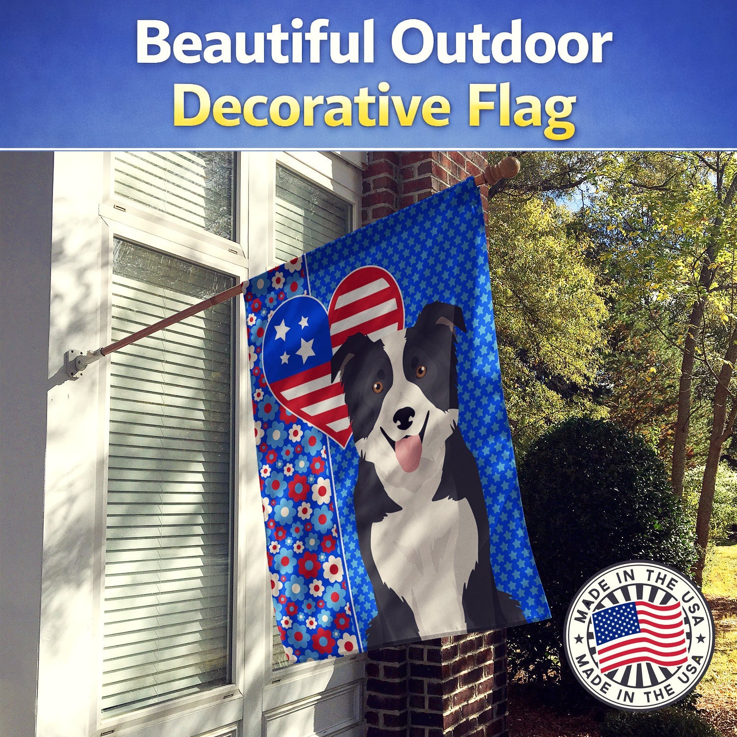 Black and White Border Collie USA American House Flag 28x40 Porch Sleeve Pole Decorative Outside Yard Banner Artwork Wall Hanging, Polyester