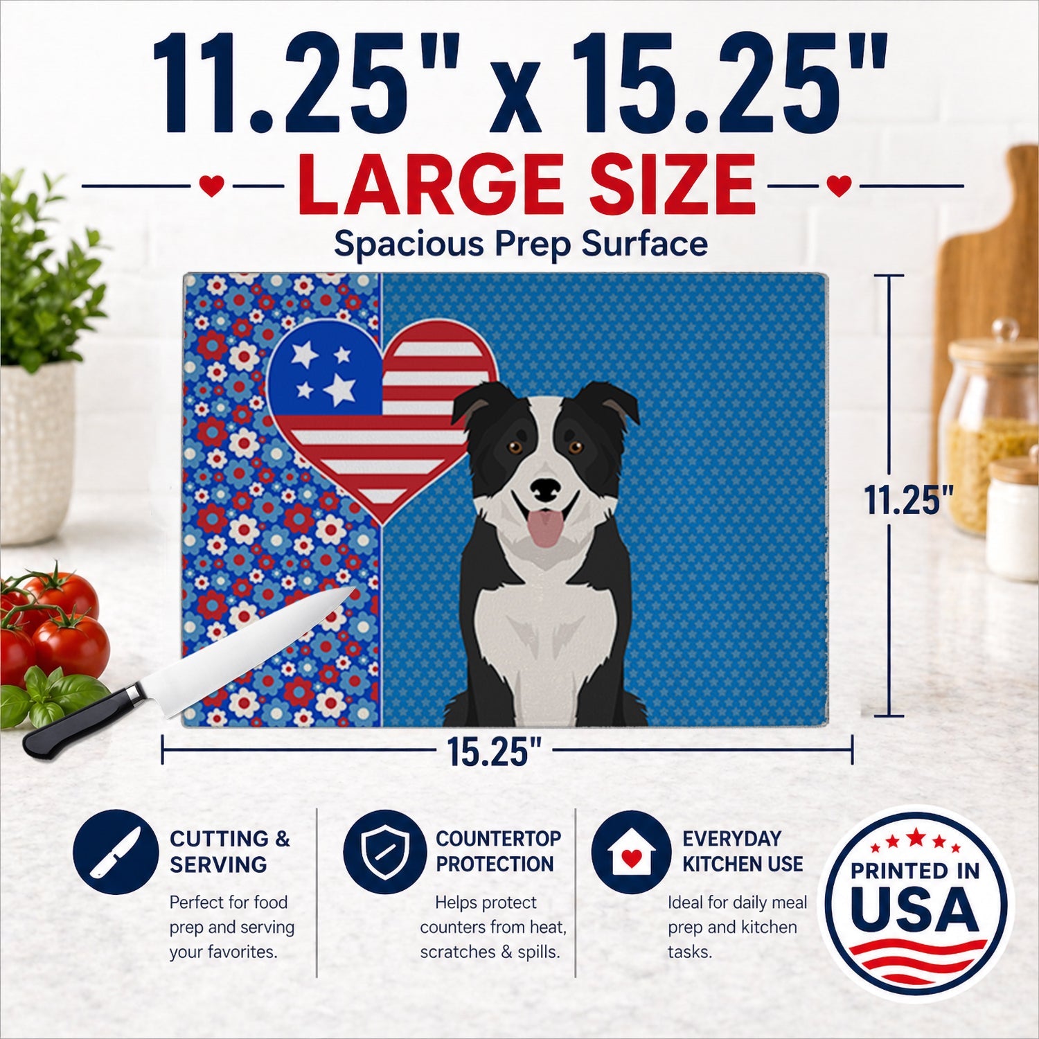 Black and White Border Collie USA American Cutting Board Tempered Glass Kitchen Cutting Surface, Heat Resistant Chopping, Non-Slip Feet, Food Prep & Serving