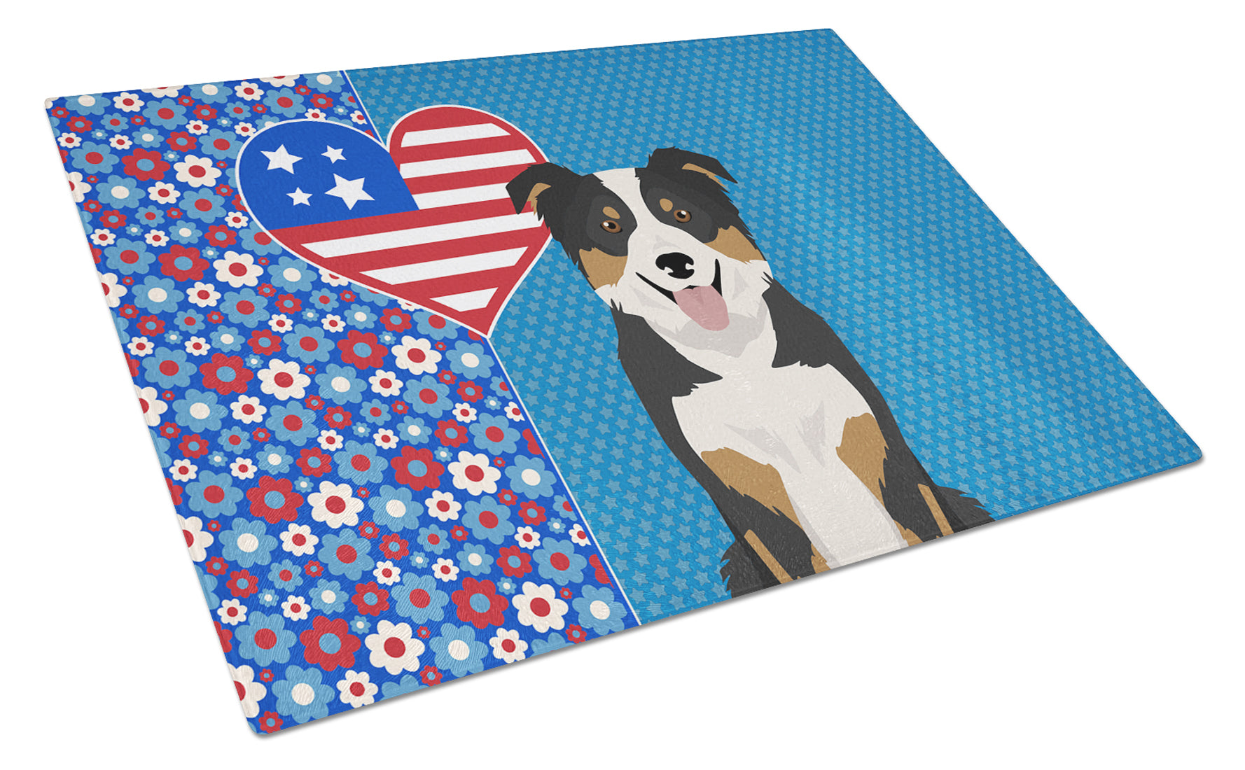 Tricolor Border Collie USA American Cutting Board Tempered Glass Kitchen Cutting Surface, Heat Resistant Chopping, Non-Slip Feet, Food Prep & Serving