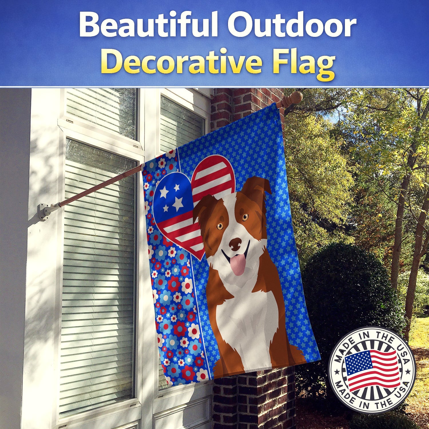 Red and White Border Collie USA American House Flag 28x40 Porch Sleeve Pole Decorative Outside Yard Banner Artwork Wall Hanging, Polyester