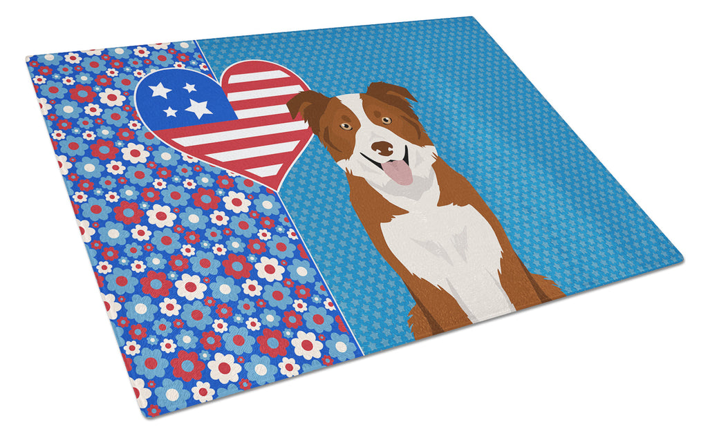 Red and White Border Collie USA American Cutting Board Tempered Glass Kitchen Cutting Surface, Heat Resistant Chopping, Non-Slip Feet, Food Prep & Serving