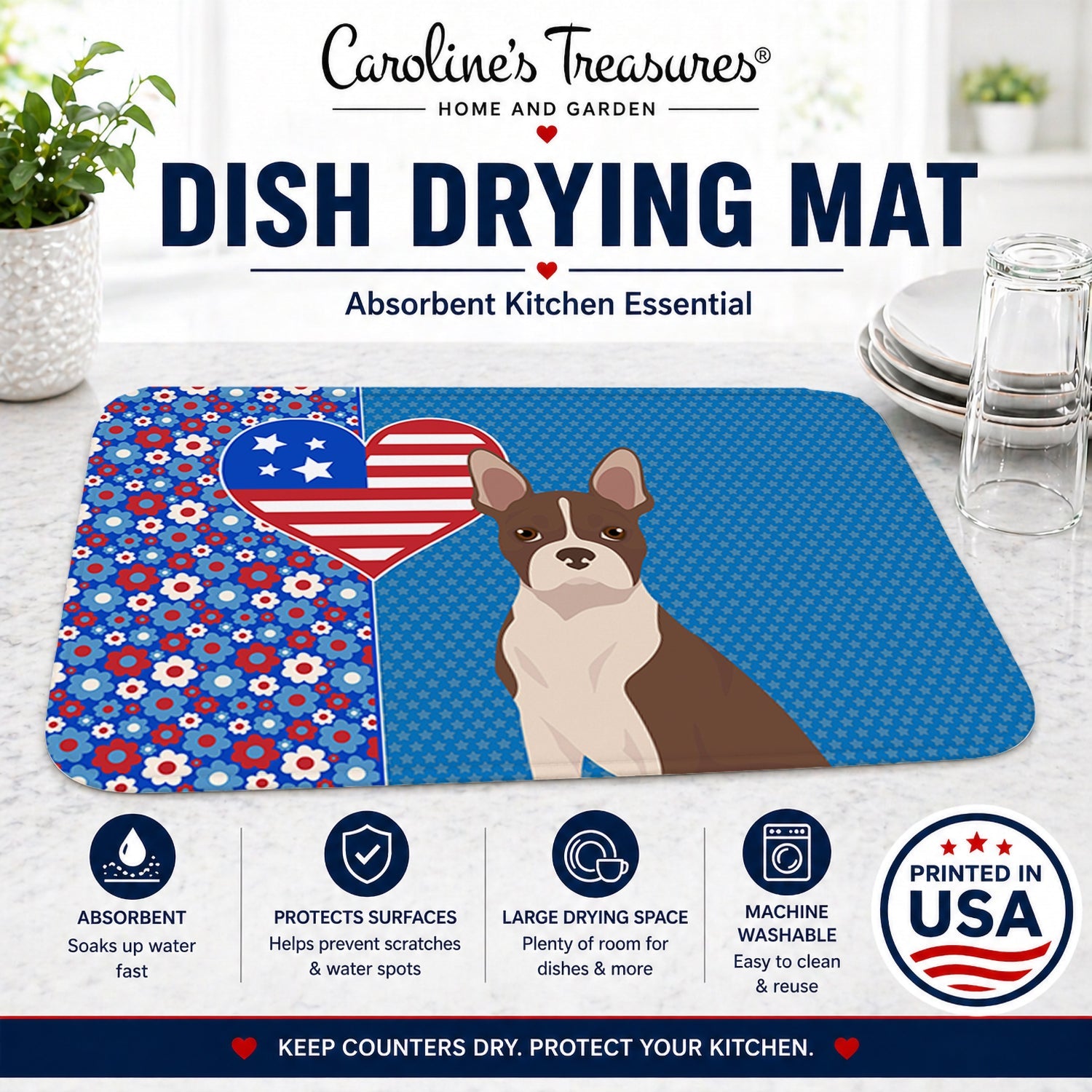 Red Boston Terrier USA American Dish Drying Mat Absorbent Dish Drying Mat Pad for Kitchen Counter Dish Drainer Mat for Countertop, 14 x 21", Multicolor