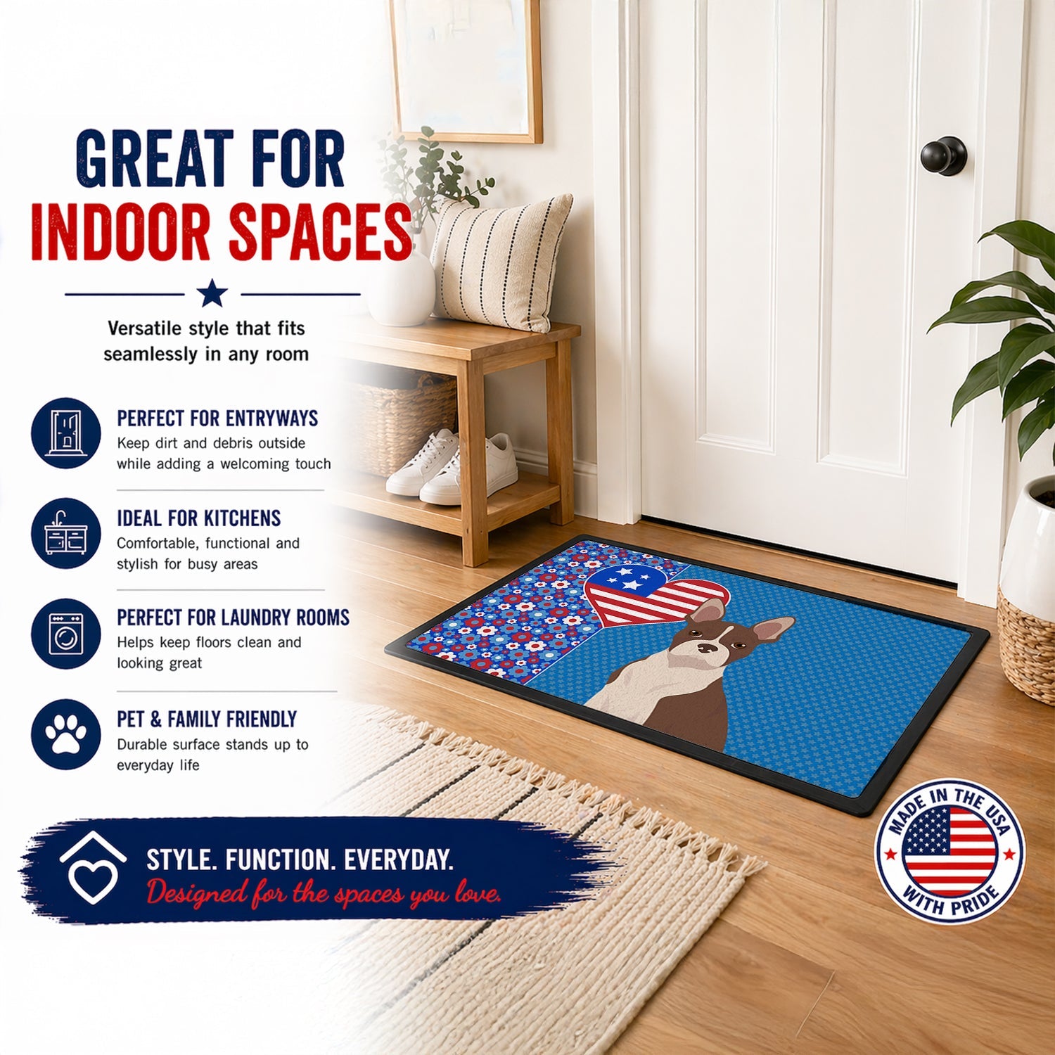 Red Boston Terrier USA American Doormat Indoor Outdoor 24H X 36W Front Door Mat Rugs for Entryway, Non Slip Washable Low Pile,