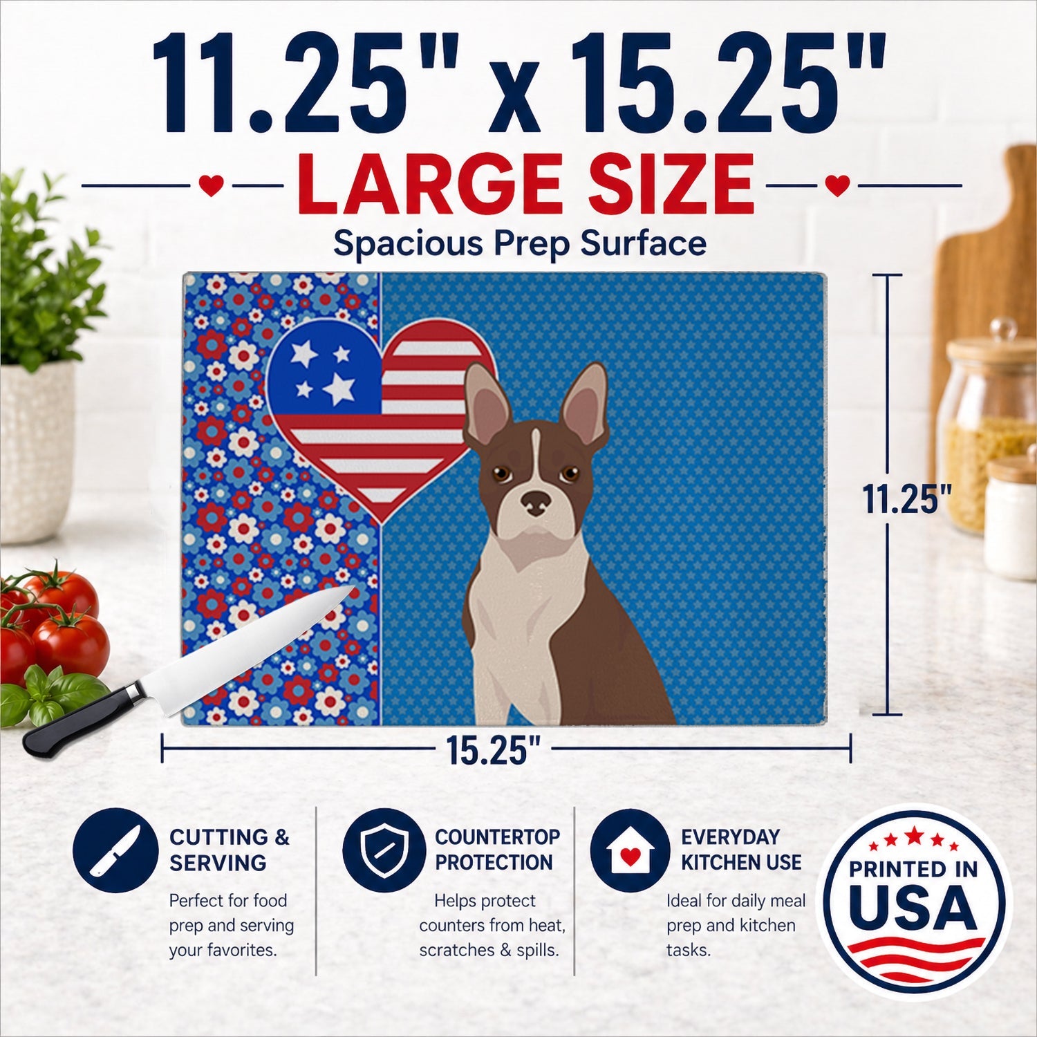 Red Boston Terrier USA American Cutting Board Tempered Glass Kitchen Cutting Surface, Heat Resistant Chopping, Non-Slip Feet, Food Prep & Serving