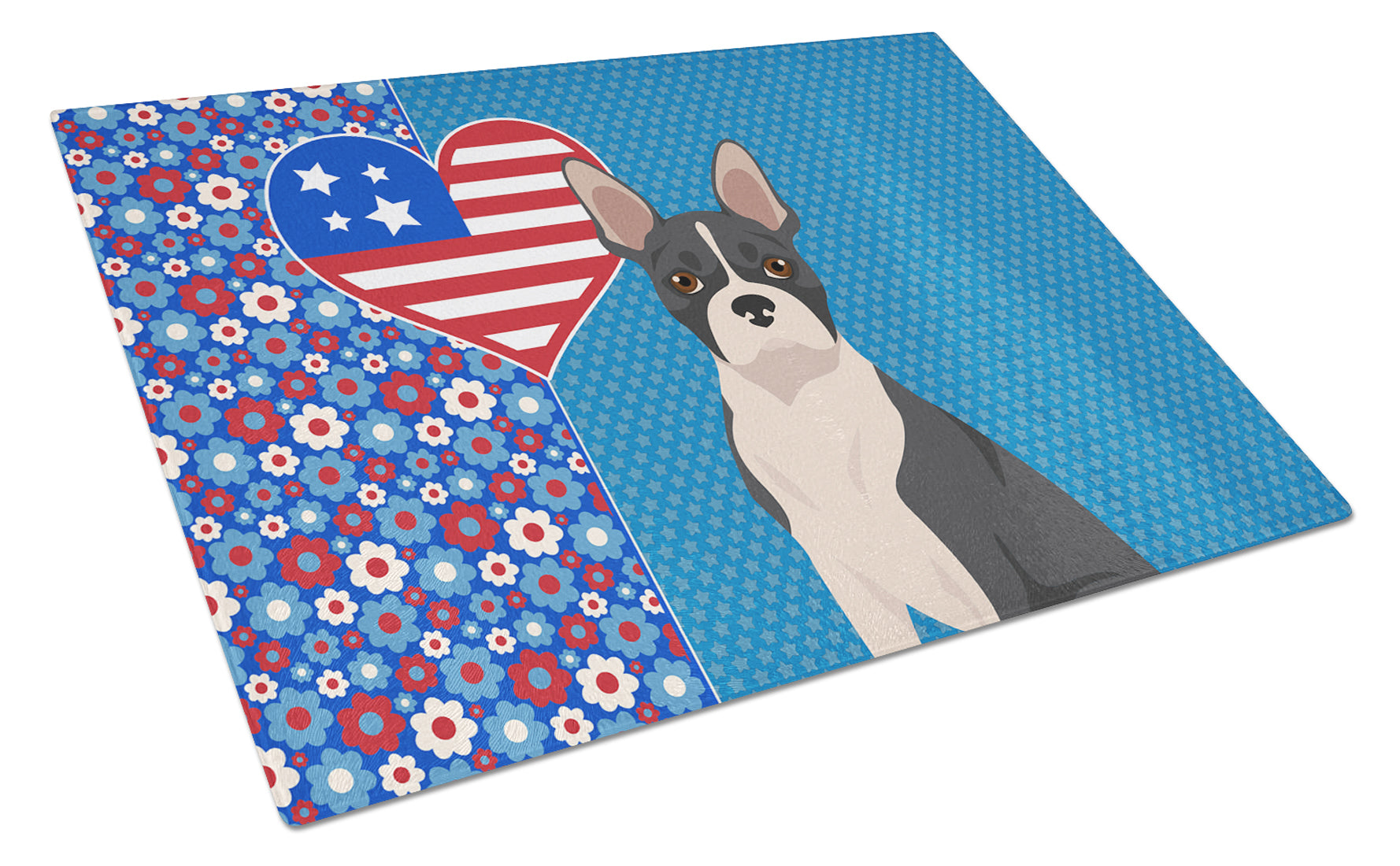 Black Boston Terrier USA American Cutting Board Tempered Glass Kitchen Cutting Surface, Heat Resistant Chopping, Non-Slip Feet, Food Prep & Serving