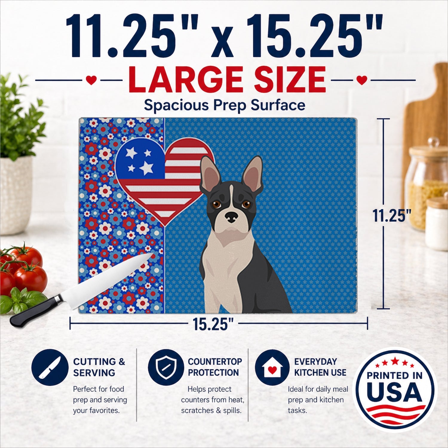 Black Boston Terrier USA American Cutting Board Tempered Glass Kitchen Cutting Surface, Heat Resistant Chopping, Non-Slip Feet, Food Prep & Serving