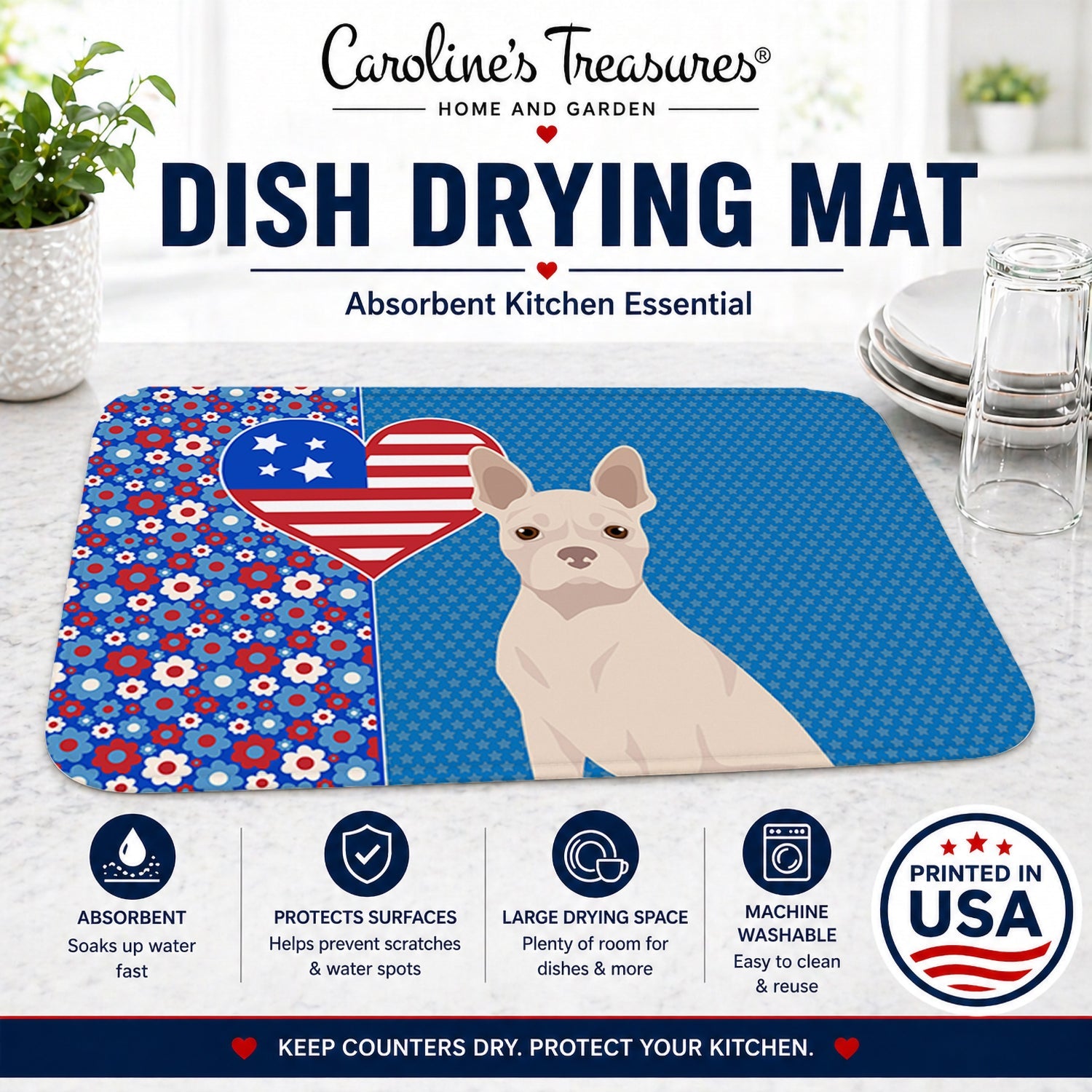White Boston Terrier USA American Dish Drying Mat Absorbent Dish Drying Mat Pad for Kitchen Counter Dish Drainer Mat for Countertop, 14 x 21", Multicolor