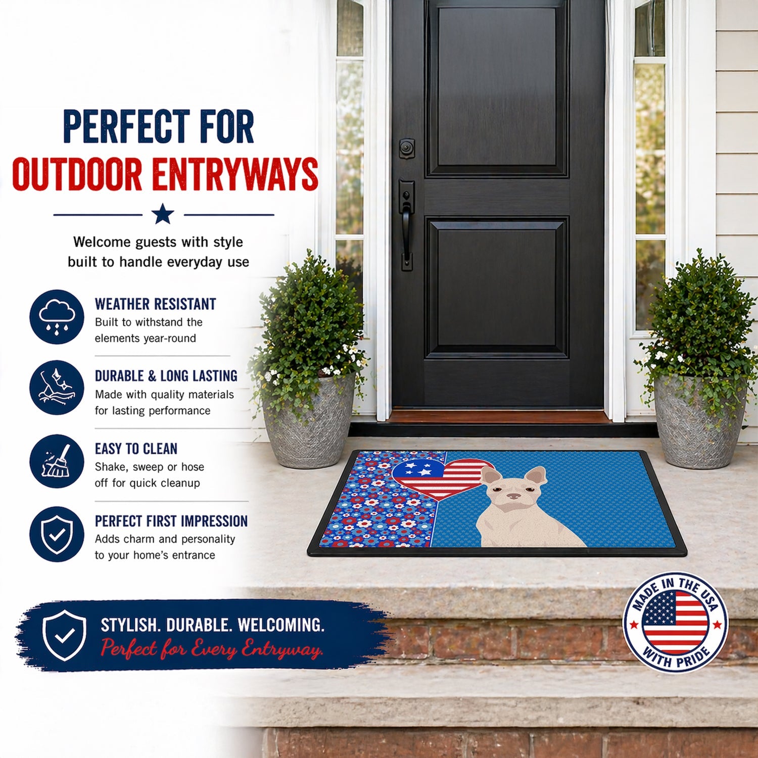 White Boston Terrier USA American Doormat Indoor Outdoor 24H X 36W Front Door Mat Rugs for Entryway, Non Slip Washable Low Pile,