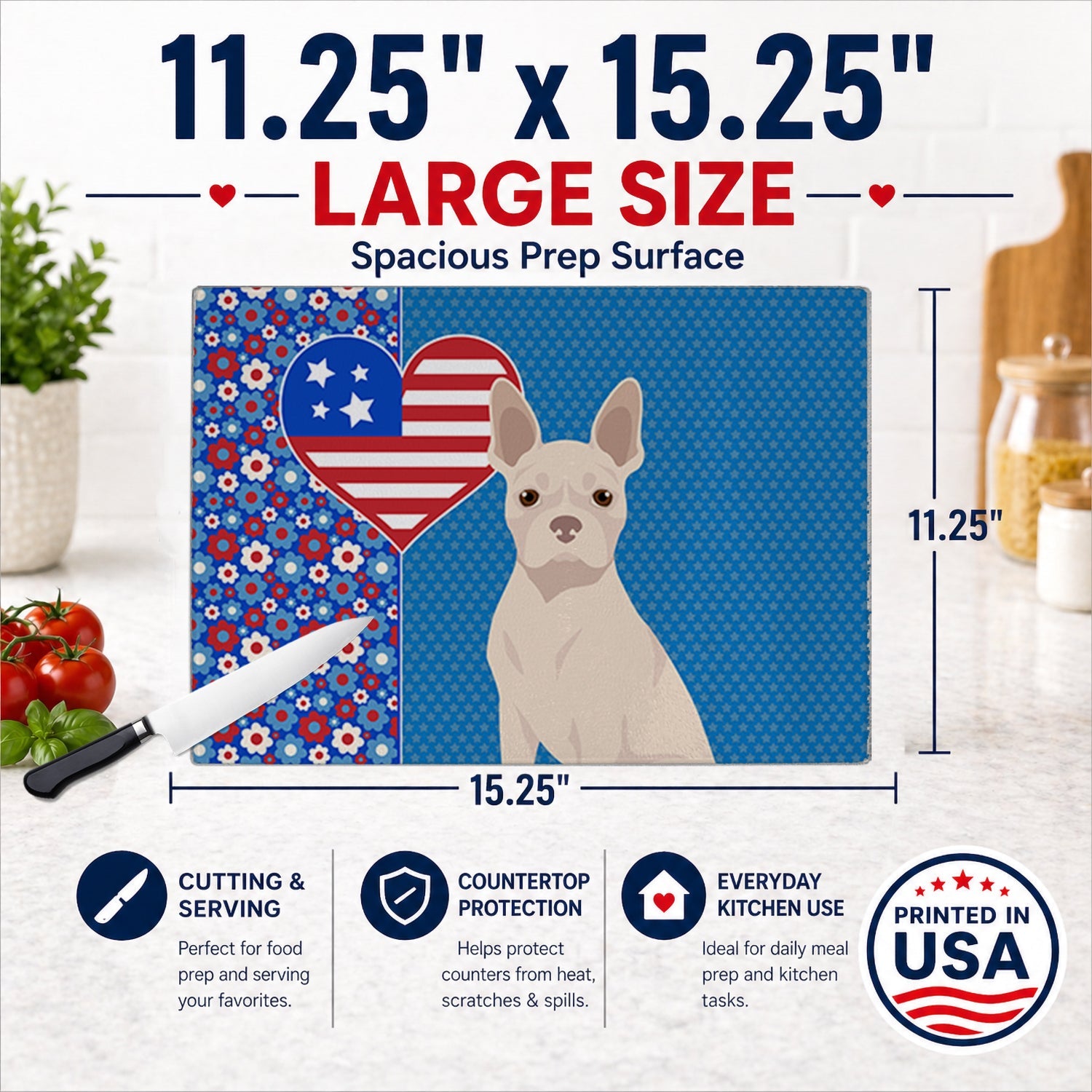 White Boston Terrier USA American Cutting Board Tempered Glass Kitchen Cutting Surface, Heat Resistant Chopping, Non-Slip Feet, Food Prep & Serving