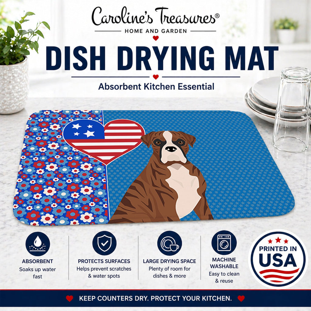 Natural Eared Red Brindle Boxer USA American Dish Drying Mat Absorbent Dish Drying Mat Pad for Kitchen Counter Dish Drainer Mat for Countertop, 14 x 21", Multicolor