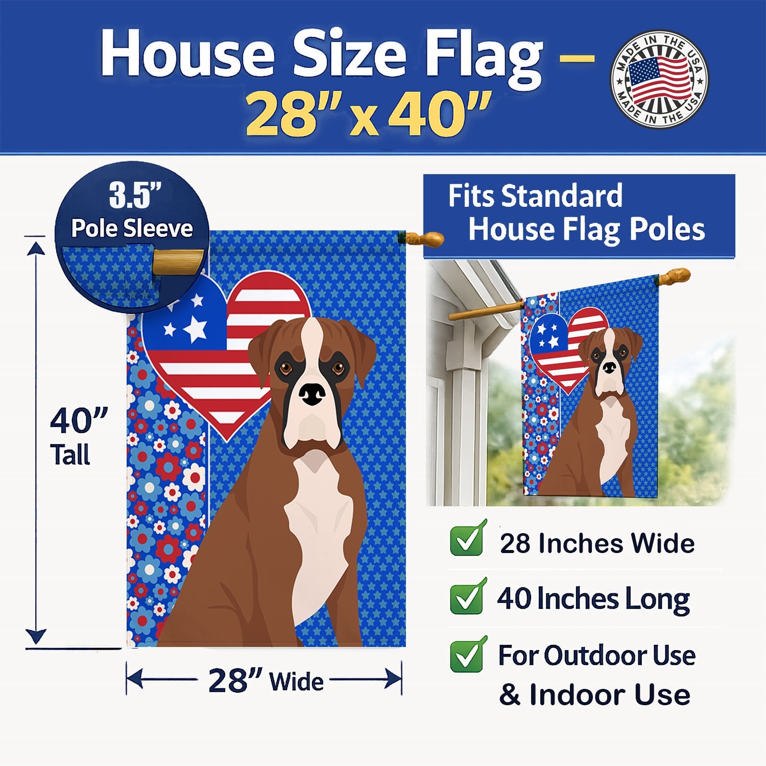 Natural Eared Red Fawn Boxer USA American House Flag 28x40 Porch Sleeve Pole Decorative Outside Yard Banner Artwork Wall Hanging, Polyester