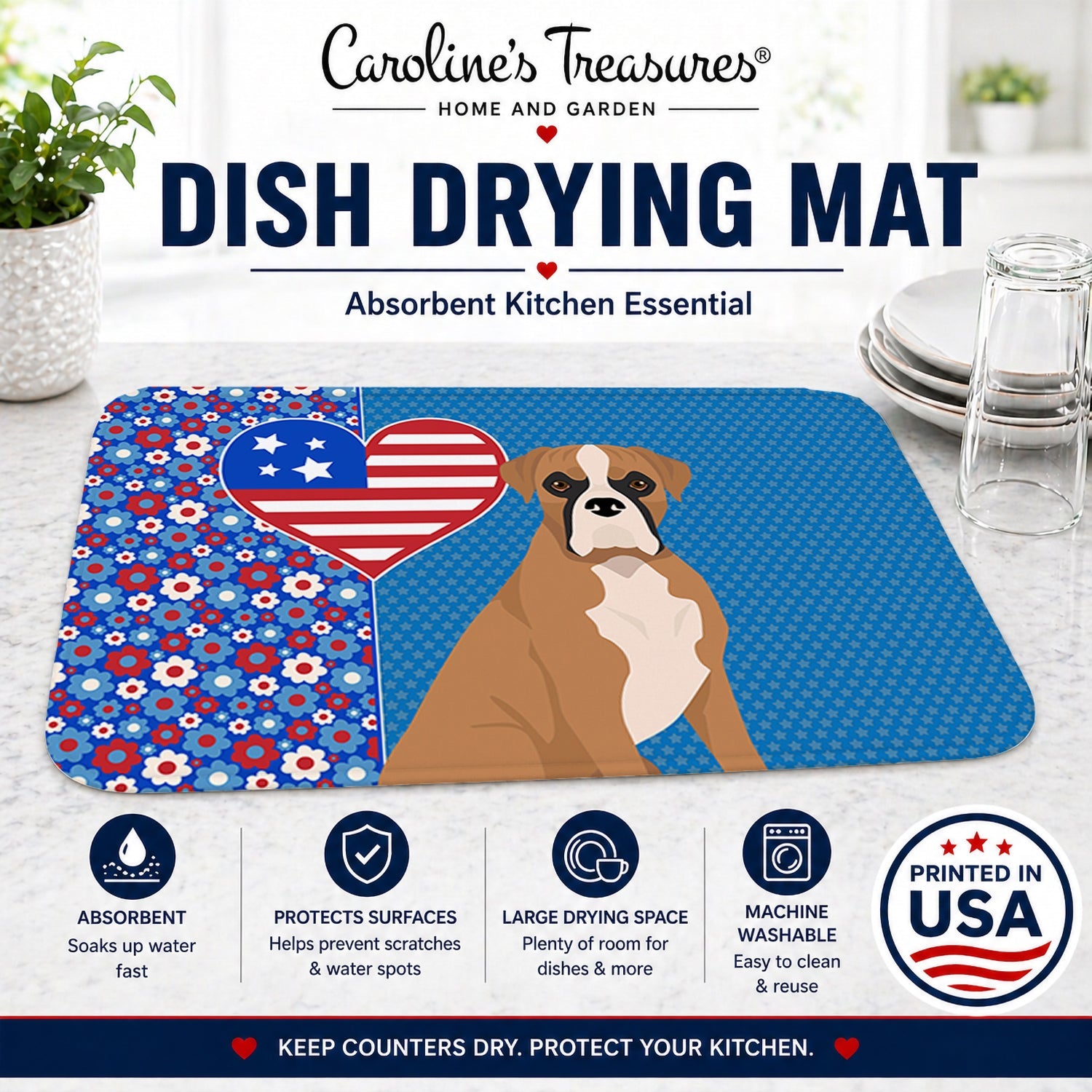 Natural Eared Fawn Boxer USA American Dish Drying Mat Absorbent Dish Drying Mat Pad for Kitchen Counter Dish Drainer Mat for Countertop, 14 x 21", Multicolor