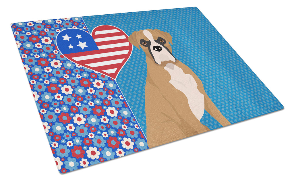 Natural Eared Fawn Boxer USA American Cutting Board Tempered Glass Kitchen Cutting Surface, Heat Resistant Chopping, Non-Slip Feet, Food Prep & Serving