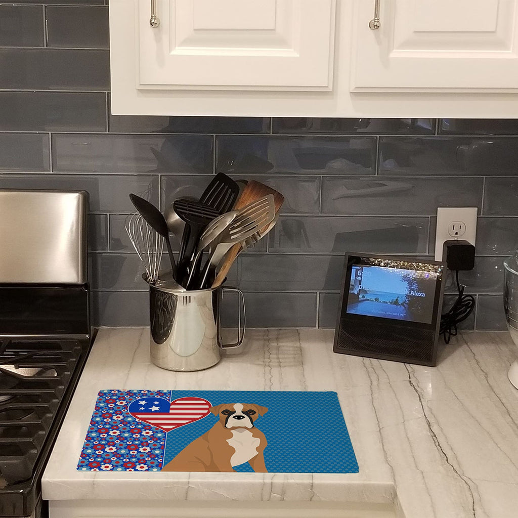 Natural Eared Fawn Boxer USA American Cutting Board Tempered Glass Kitchen Cutting Surface, Heat Resistant Chopping, Non-Slip Feet, Food Prep & Serving