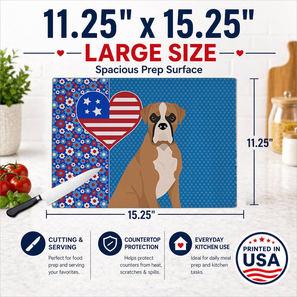 Natural Eared Fawn Boxer USA American Cutting Board Tempered Glass Kitchen Cutting Surface, Heat Resistant Chopping, Non-Slip Feet, Food Prep & Serving