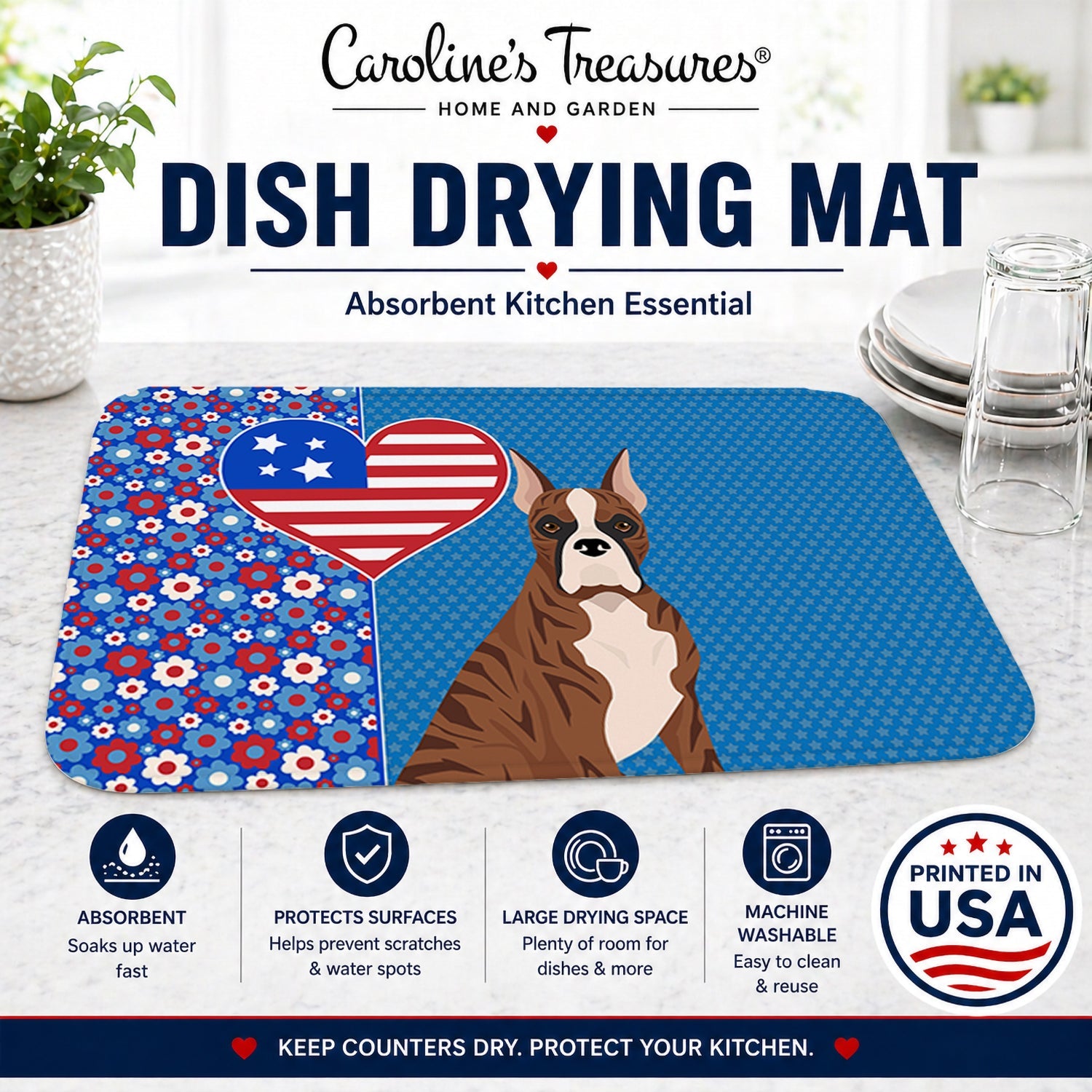 Red Brindle Boxer USA American Dish Drying Mat Absorbent Dish Drying Mat Pad for Kitchen Counter Dish Drainer Mat for Countertop, 14 x 21", Multicolor
