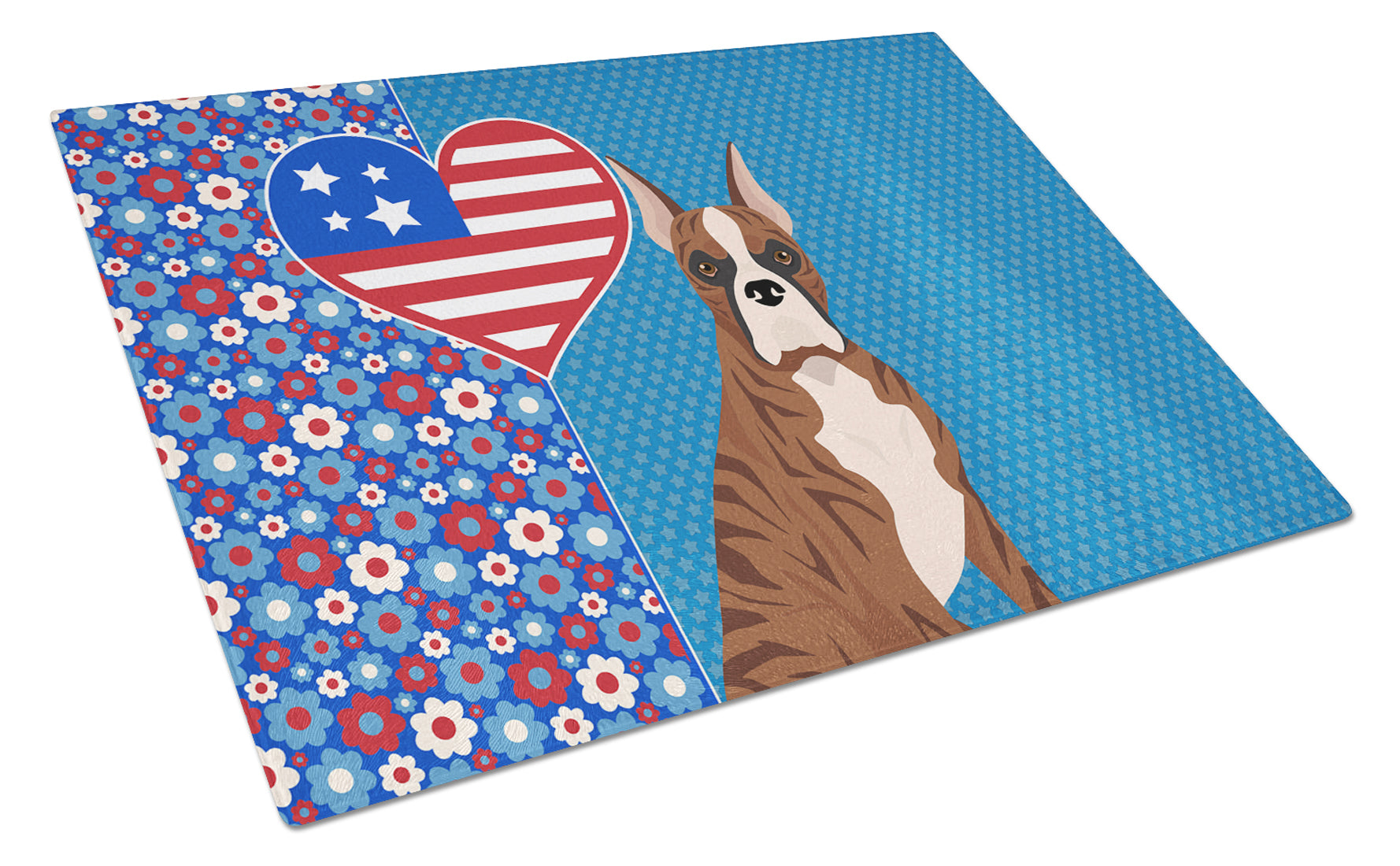 Red Brindle Boxer USA American Cutting Board Tempered Glass Kitchen Cutting Surface, Heat Resistant Chopping, Non-Slip Feet, Food Prep & Serving