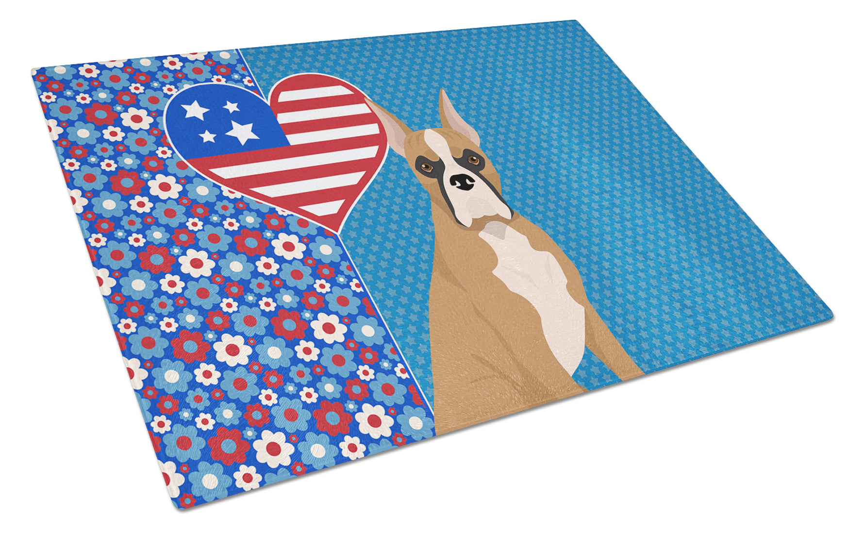 Fawn Boxer USA American Cutting Board Tempered Glass Kitchen Cutting Surface, Heat Resistant Chopping, Non-Slip Feet, Food Prep & Serving
