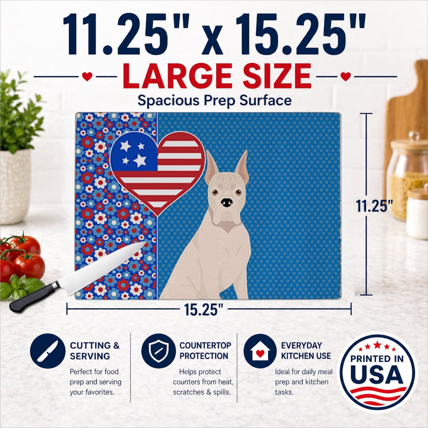 White Boxer USA American Cutting Board Tempered Glass Kitchen Cutting Surface, Heat Resistant Chopping, Non-Slip Feet, Food Prep & Serving