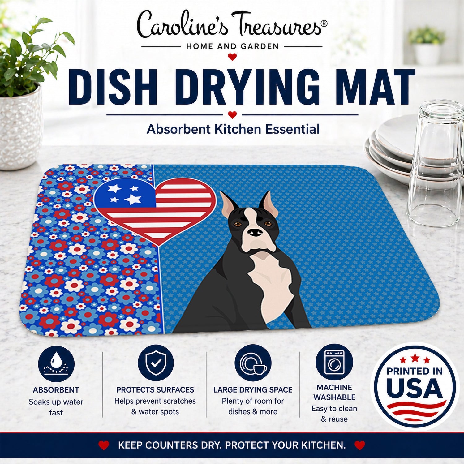 Black Boxer USA American Dish Drying Mat Absorbent Dish Drying Mat Pad for Kitchen Counter Dish Drainer Mat for Countertop, 14 x 21", Multicolor
