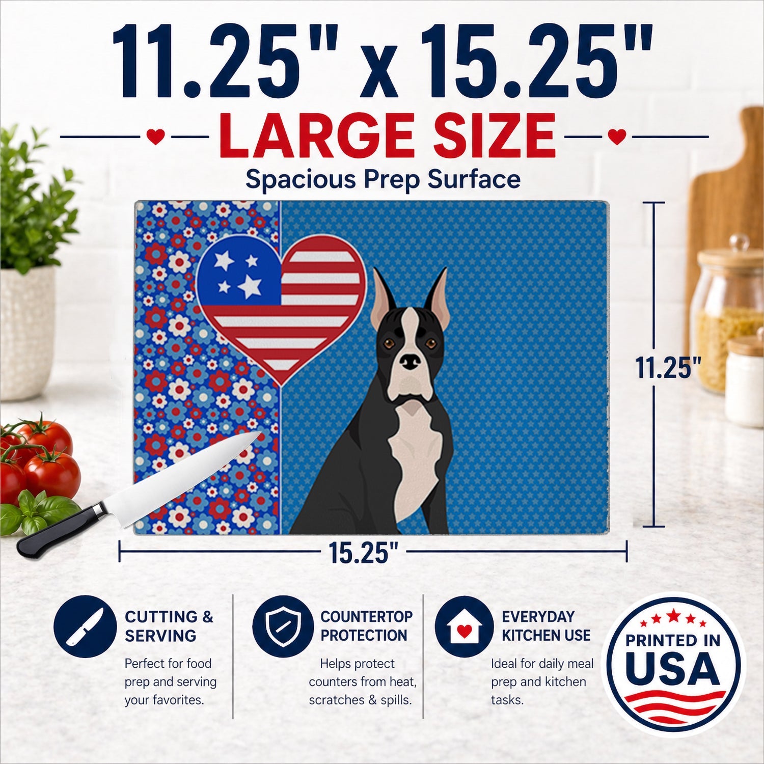 Black Boxer USA American Cutting Board Tempered Glass Kitchen Cutting Surface, Heat Resistant Chopping, Non-Slip Feet, Food Prep & Serving
