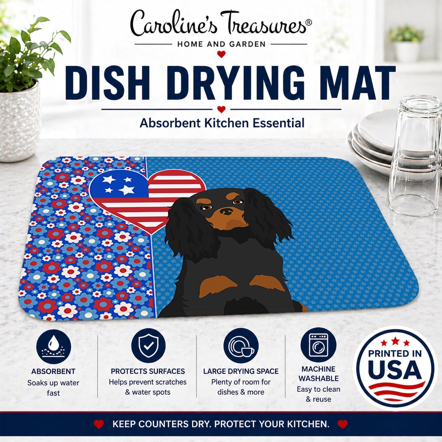 Black and Tan Cavalier Spaniel USA American Dish Drying Mat Absorbent Dish Drying Mat Pad for Kitchen Counter Dish Drainer Mat for Countertop, 14 x 21", Multicolor