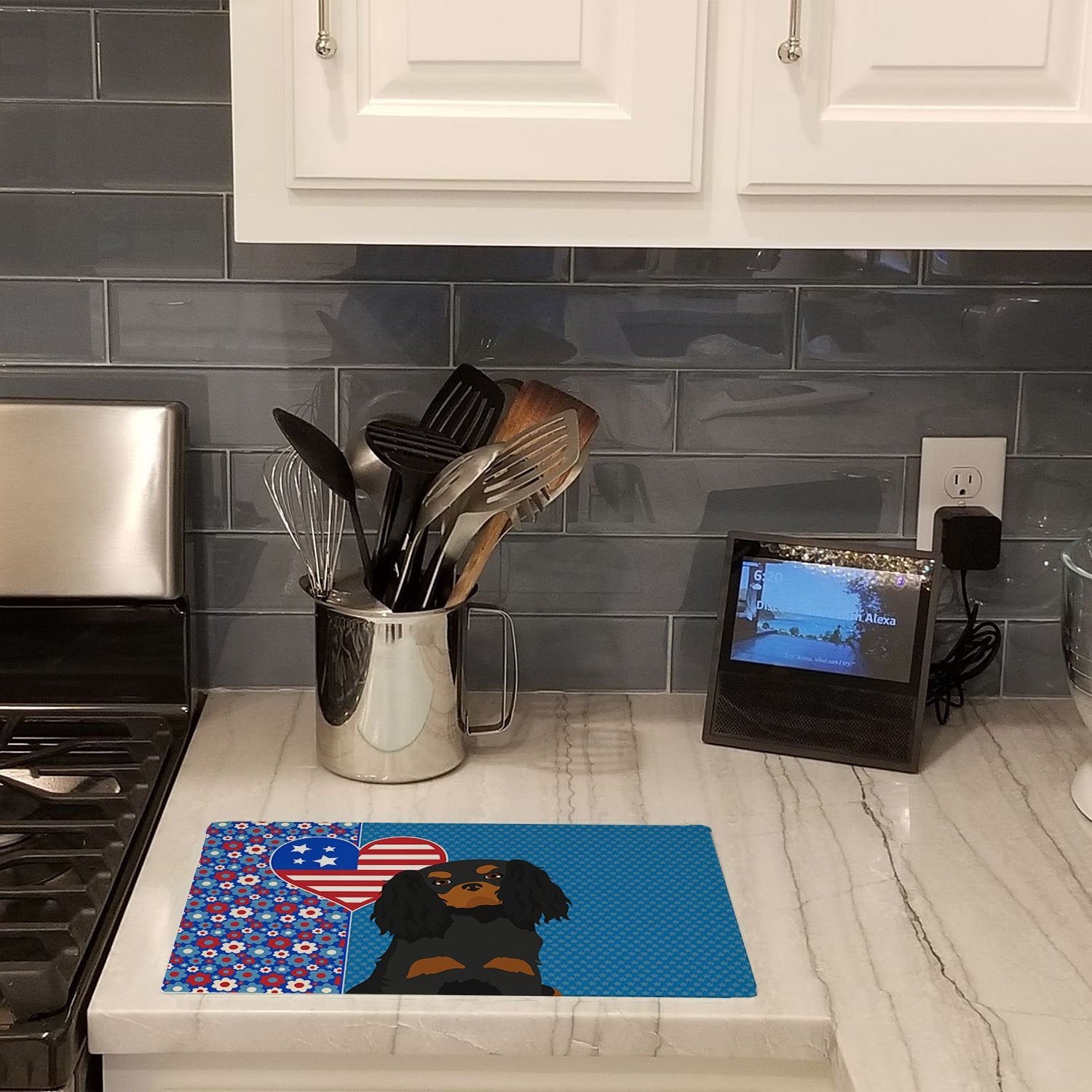 Black and Tan Cavalier Spaniel USA American Cutting Board Tempered Glass Kitchen Cutting Surface, Heat Resistant Chopping, Non-Slip Feet, Food Prep & Serving