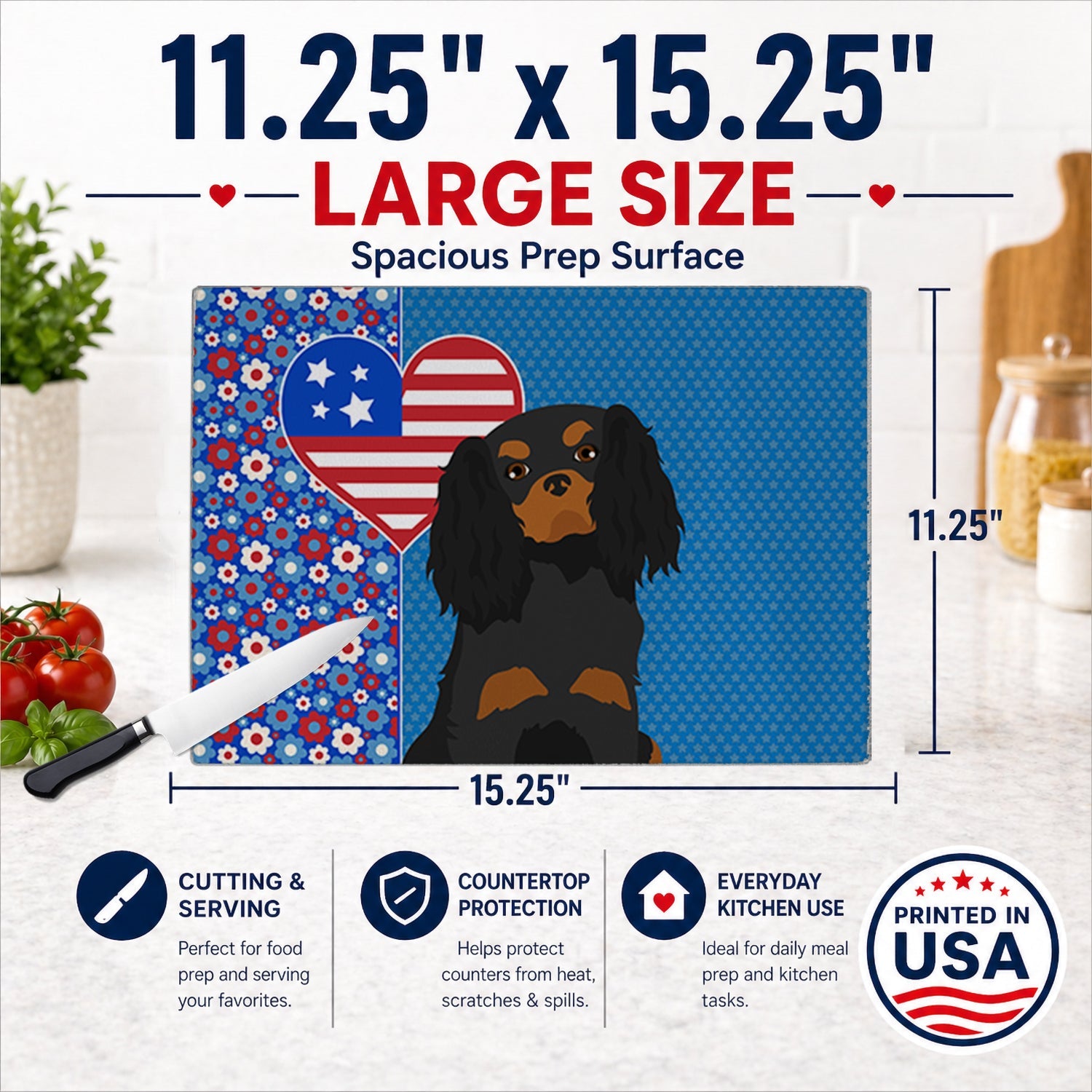 Black and Tan Cavalier Spaniel USA American Cutting Board Tempered Glass Kitchen Cutting Surface, Heat Resistant Chopping, Non-Slip Feet, Food Prep & Serving
