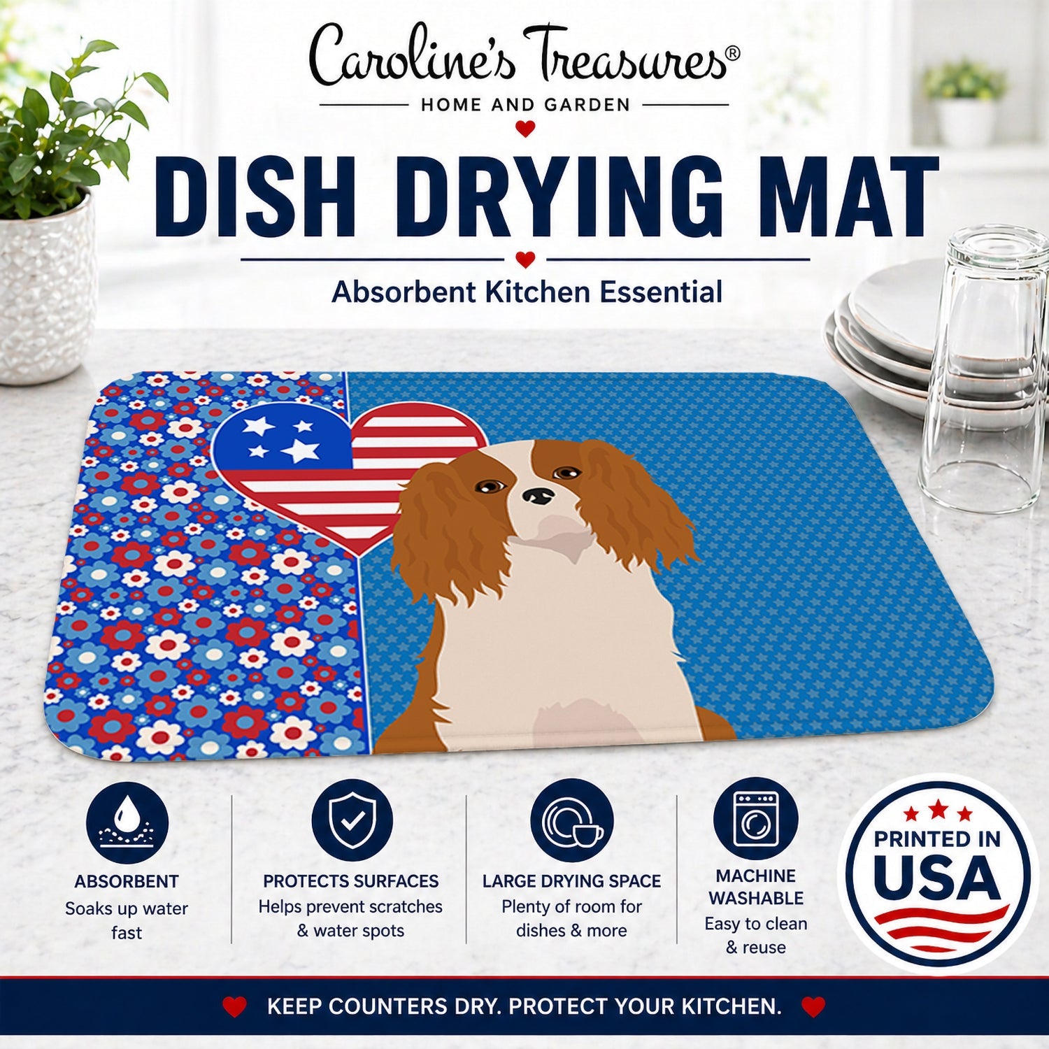Blenheim Cavalier Spaniel USA American Dish Drying Mat Absorbent Dish Drying Mat Pad for Kitchen Counter Dish Drainer Mat for Countertop, 14 x 21", Multicolor