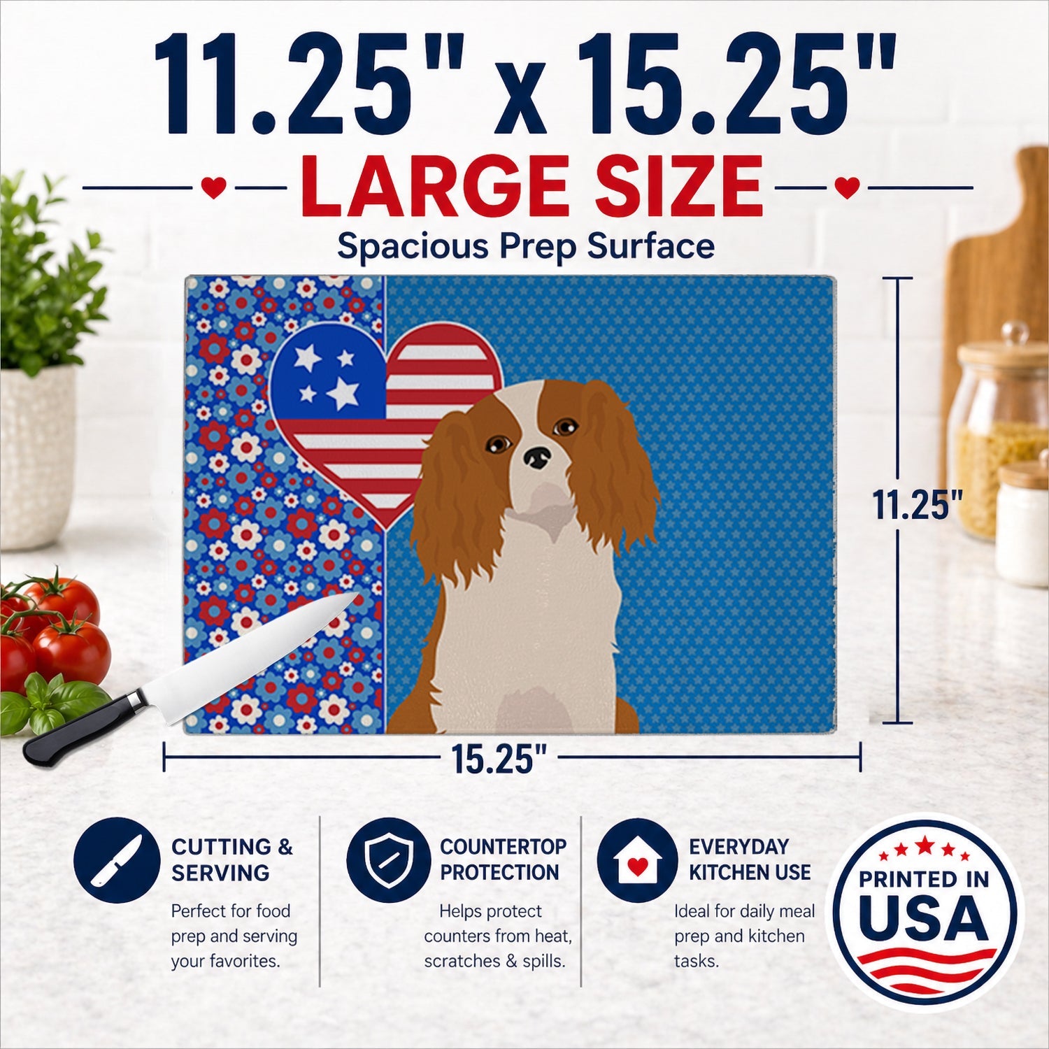 Blenheim Cavalier Spaniel USA American Cutting Board Tempered Glass Kitchen Cutting Surface, Heat Resistant Chopping, Non-Slip Feet, Food Prep & Serving
