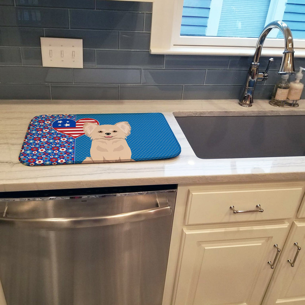 Longhaired Cream Chihuahua USA American Dish Drying Mat Absorbent Dish Drying Mat Pad for Kitchen Counter Dish Drainer Mat for Countertop, 14 x 21", Multicolor