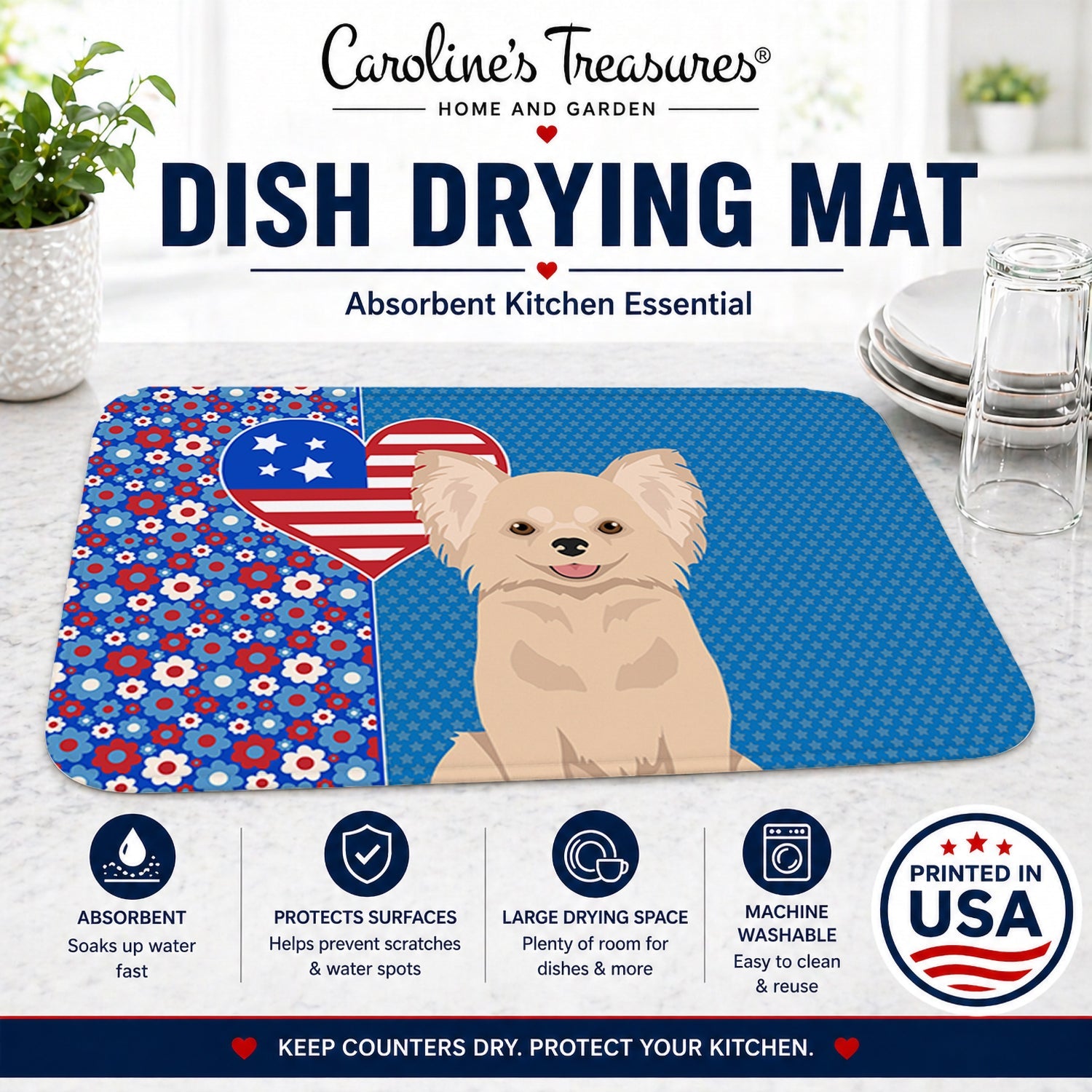 Longhaired Cream Chihuahua USA American Dish Drying Mat Absorbent Dish Drying Mat Pad for Kitchen Counter Dish Drainer Mat for Countertop, 14 x 21", Multicolor