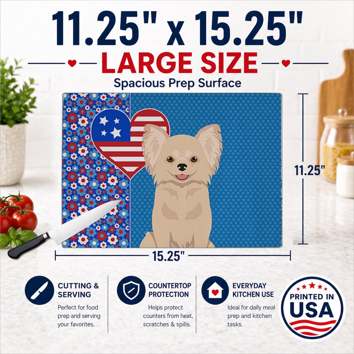 Longhaired Cream Chihuahua USA American Cutting Board Tempered Glass Kitchen Cutting Surface, Heat Resistant Chopping, Non-Slip Feet, Food Prep & Serving