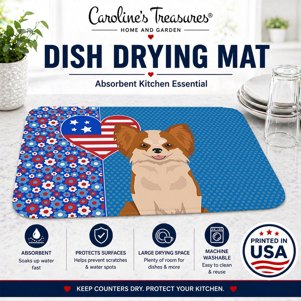 Longhaired Red and White Chihuahua USA American Dish Drying Mat Absorbent Dish Drying Mat Pad for Kitchen Counter Dish Drainer Mat for Countertop, 14 x 21", Multicolor
