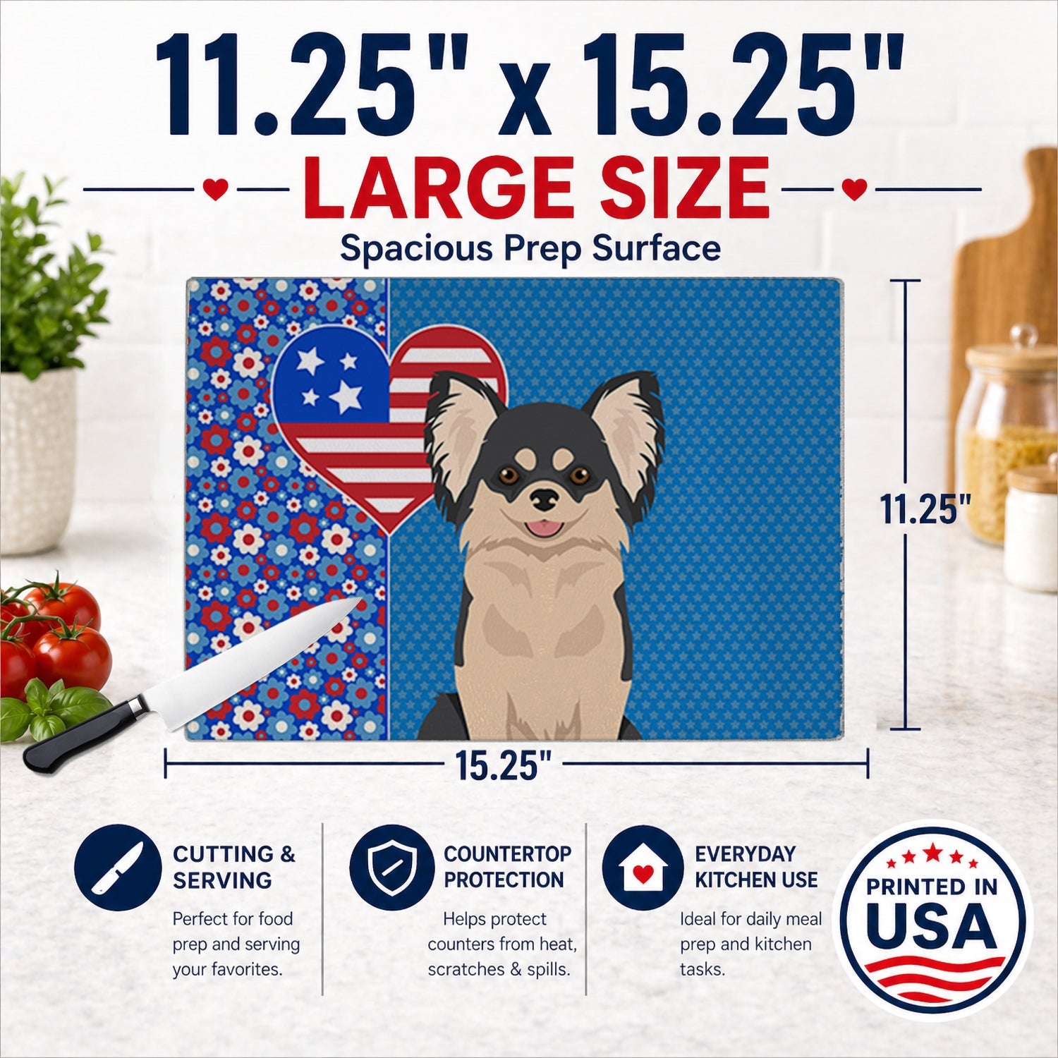 Longhaired Black and White Chihuahua USA American Cutting Board Tempered Glass Kitchen Cutting Surface, Heat Resistant Chopping, Non-Slip Feet, Food Prep & Serving