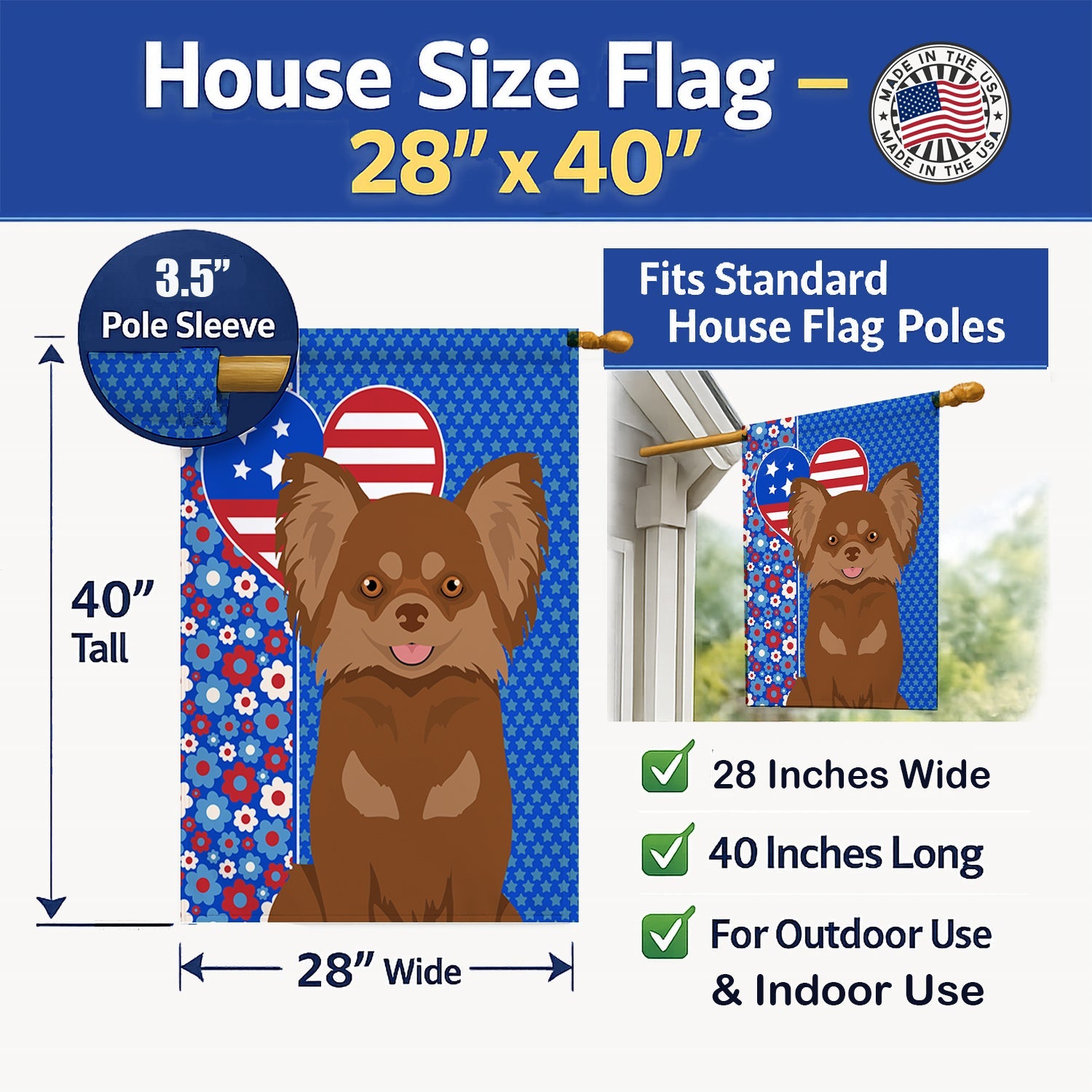 Longhaired Chocolate and Tan Chihuahua USA American House Flag 28x40 Porch Sleeve Pole Decorative Outside Yard Banner Artwork Wall Hanging, Polyester