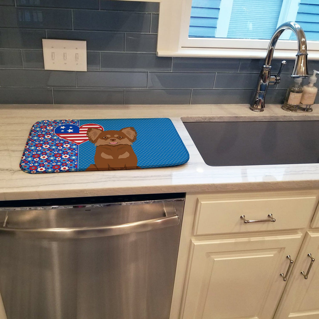 Longhaired Chocolate and Tan Chihuahua USA American Dish Drying Mat Absorbent Dish Drying Mat Pad for Kitchen Counter Dish Drainer Mat for Countertop, 14 x 21", Multicolor