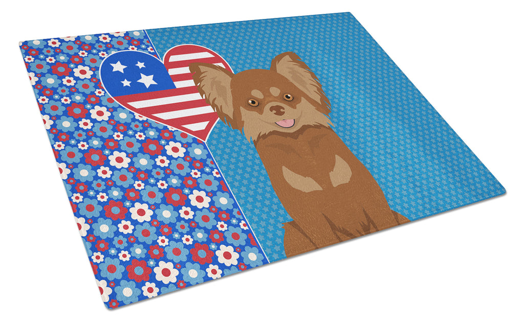 Longhaired Chocolate and Tan Chihuahua USA American Cutting Board Tempered Glass Kitchen Cutting Surface, Heat Resistant Chopping, Non-Slip Feet, Food Prep & Serving