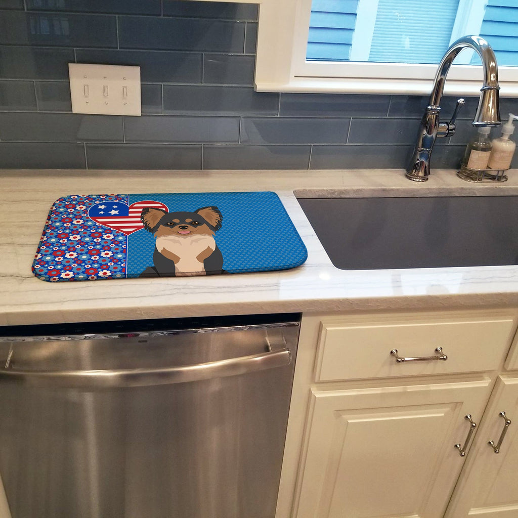 Longhaired Black and Tan Chihuahua USA American Dish Drying Mat Absorbent Dish Drying Mat Pad for Kitchen Counter Dish Drainer Mat for Countertop, 14 x 21", Multicolor