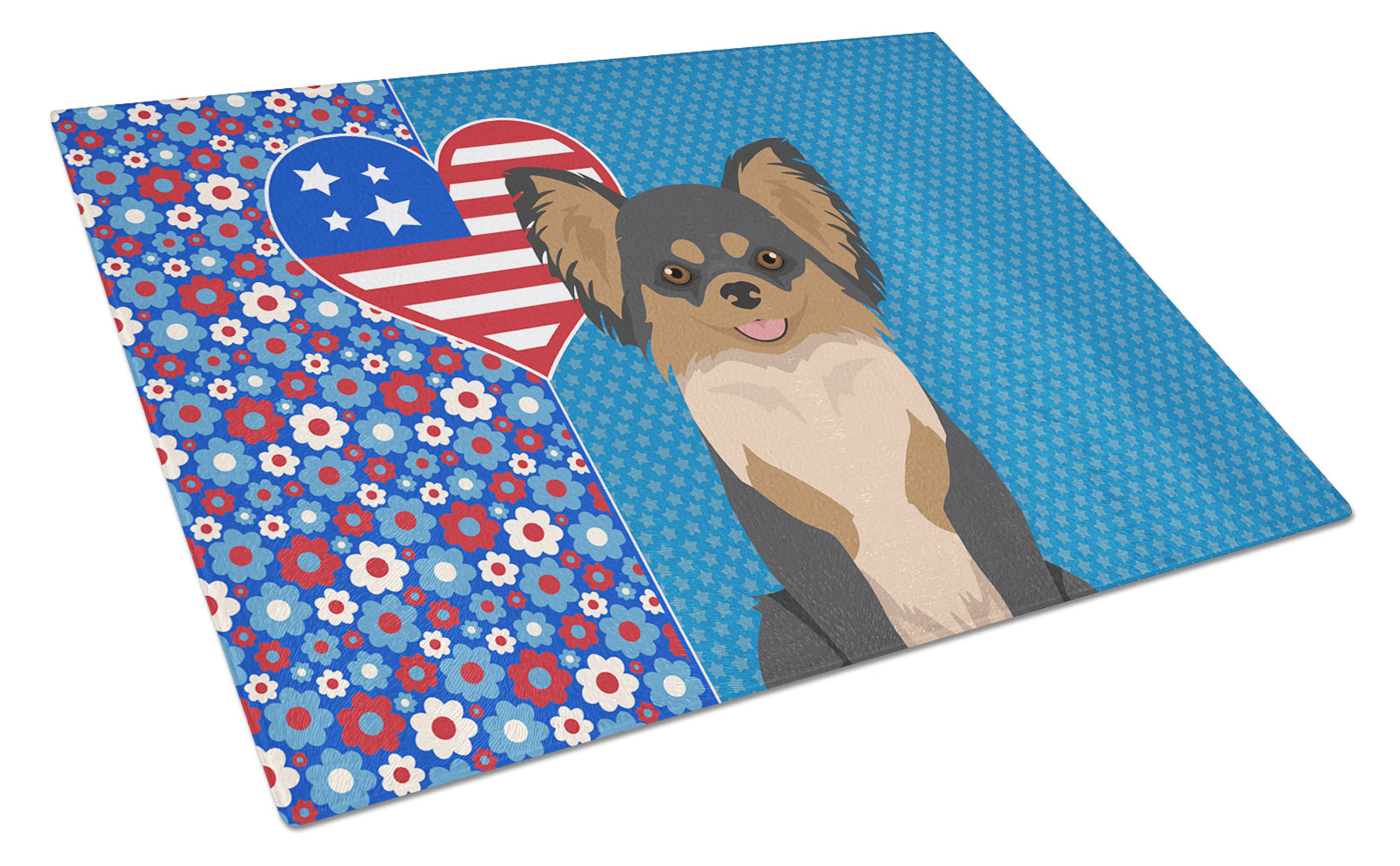 Longhaired Black and Tan Chihuahua USA American Cutting Board Tempered Glass Kitchen Cutting Surface, Heat Resistant Chopping, Non-Slip Feet, Food Prep & Serving