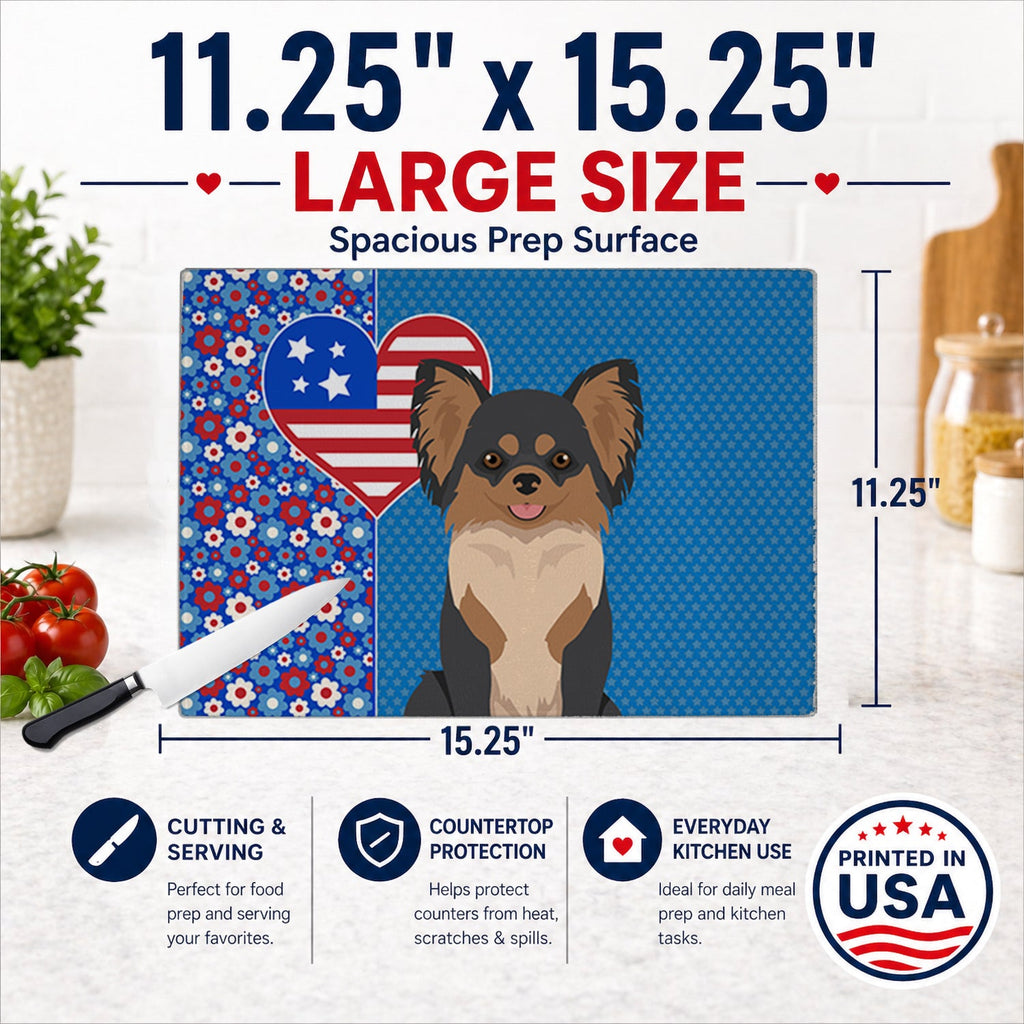 Longhaired Black and Tan Chihuahua USA American Cutting Board Tempered Glass Kitchen Cutting Surface, Heat Resistant Chopping, Non-Slip Feet, Food Prep & Serving