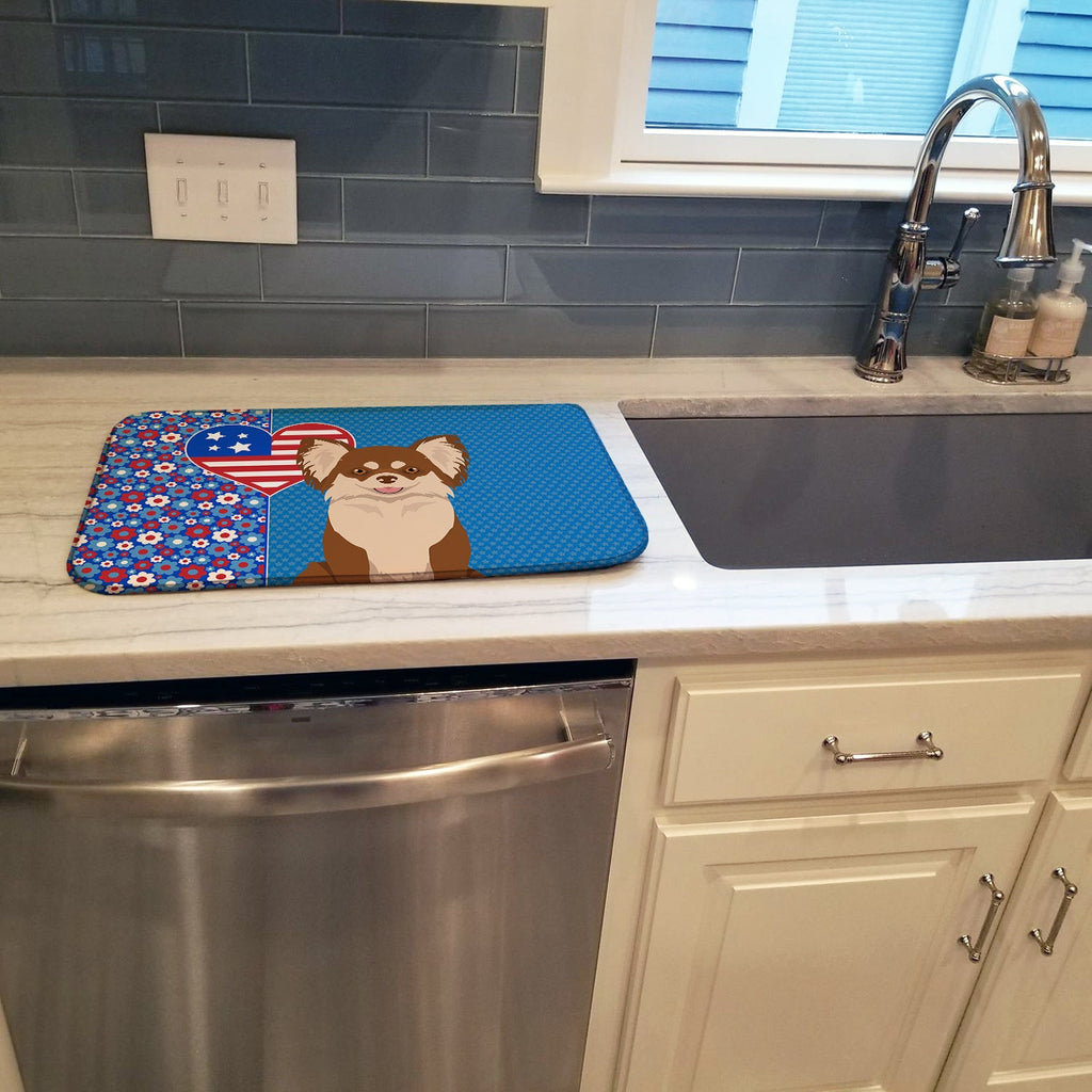 Longhaired Chocolate and White Chihuahua USA American Dish Drying Mat Absorbent Dish Drying Mat Pad for Kitchen Counter Dish Drainer Mat for Countertop, 14 x 21", Multicolor