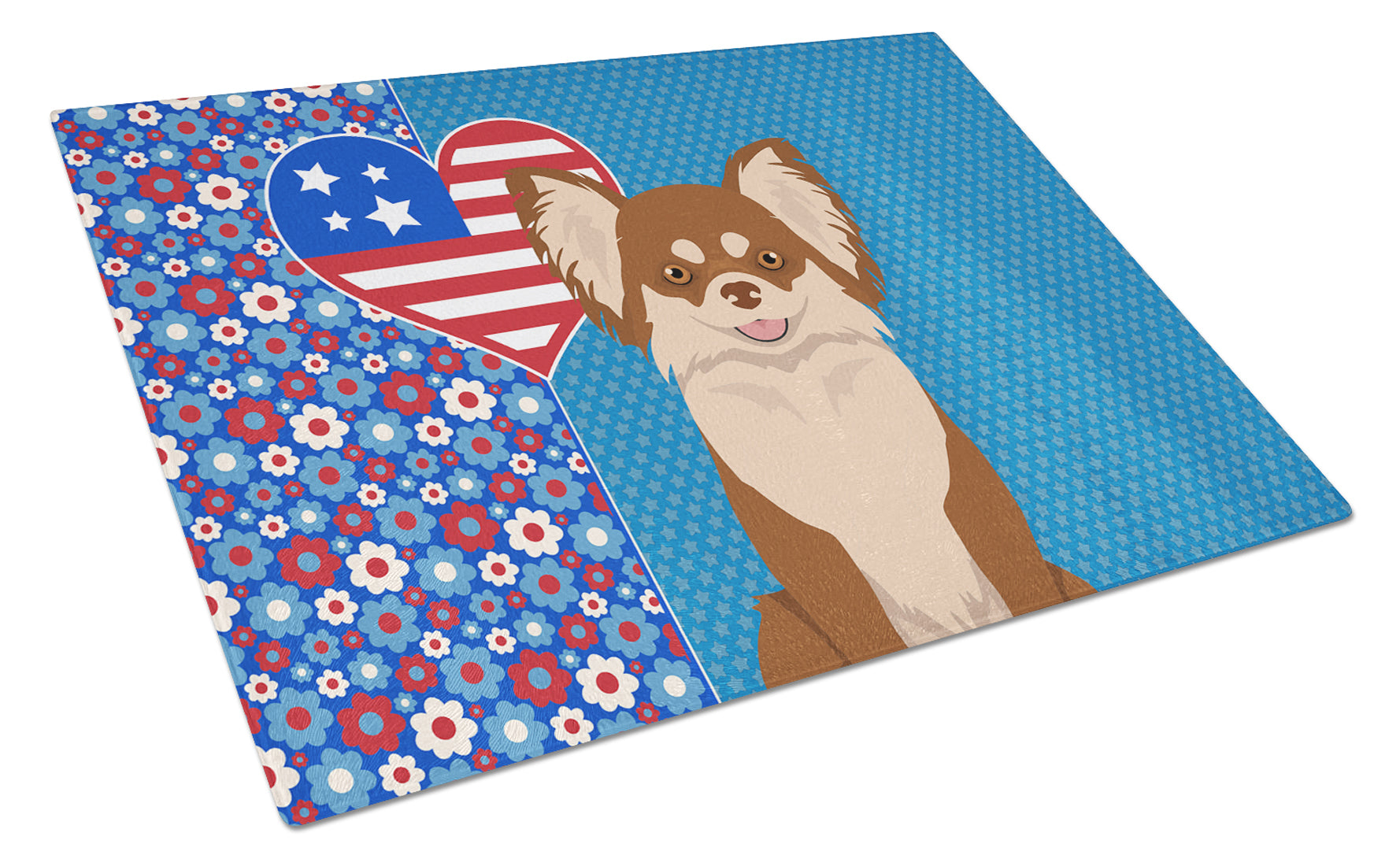 Longhaired Chocolate and White Chihuahua USA American Cutting Board Tempered Glass Kitchen Cutting Surface, Heat Resistant Chopping, Non-Slip Feet, Food Prep & Serving