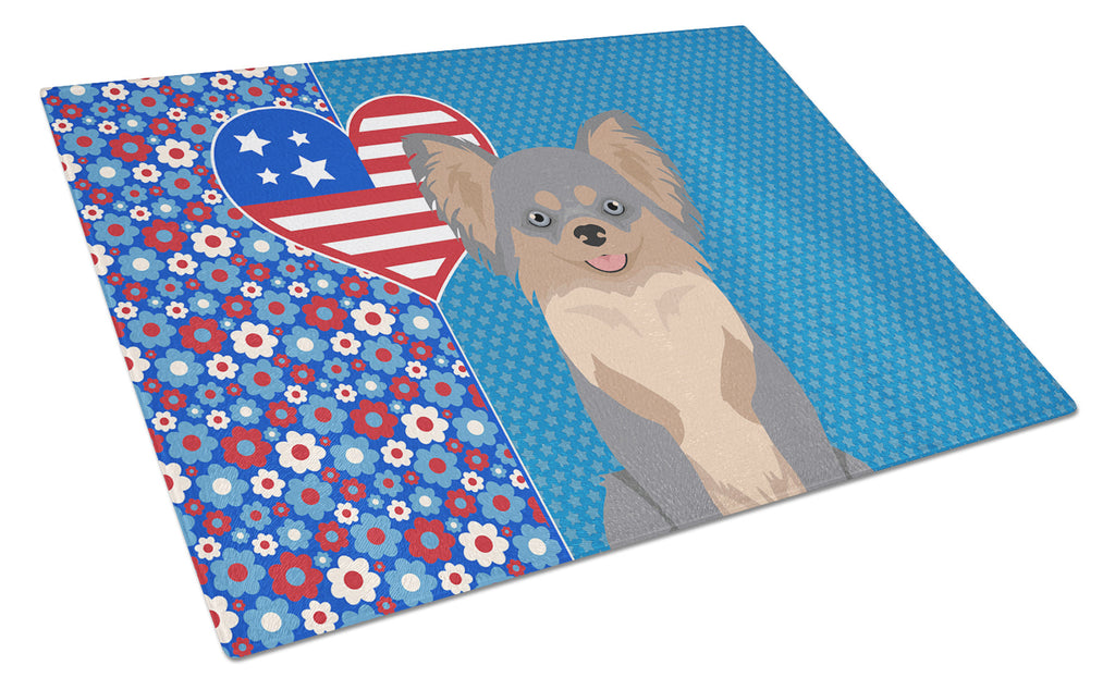 Longhaired Blue and Tan Chihuahua USA American Cutting Board Tempered Glass Kitchen Cutting Surface, Heat Resistant Chopping, Non-Slip Feet, Food Prep & Serving