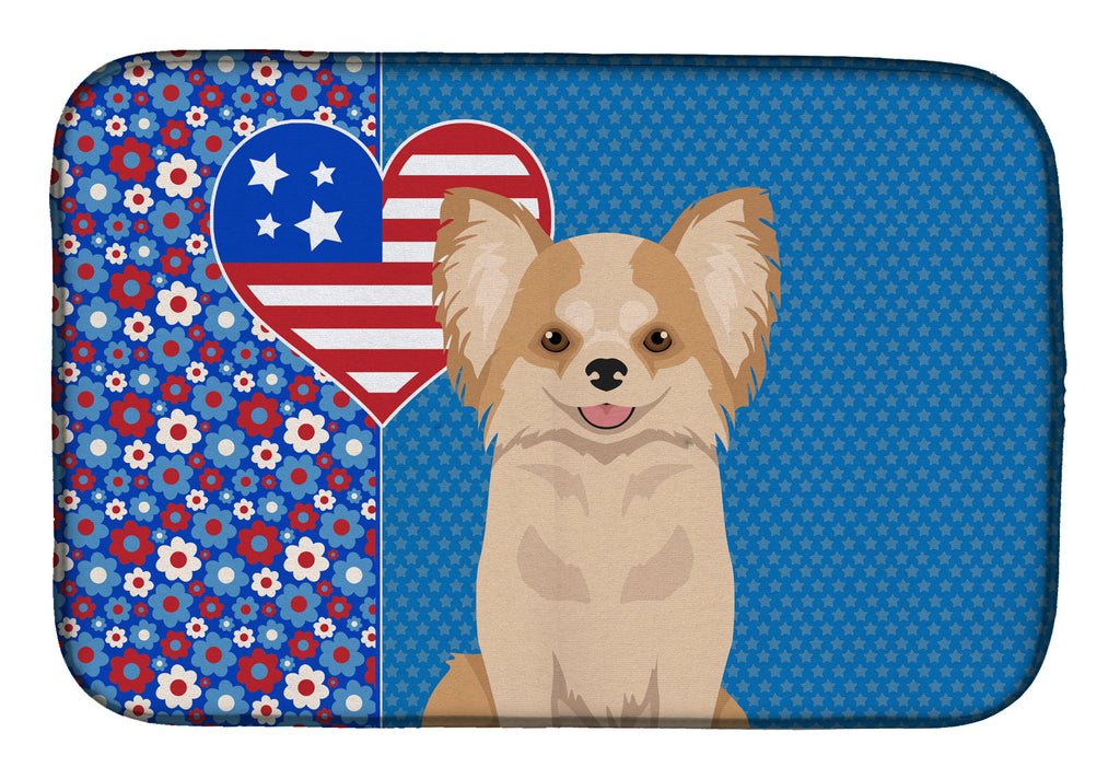 Longhaired Gold and White Chihuahua USA American Dish Drying Mat Absorbent Dish Drying Mat Pad for Kitchen Counter Dish Drainer Mat for Countertop, 14 x 21", Multicolor
