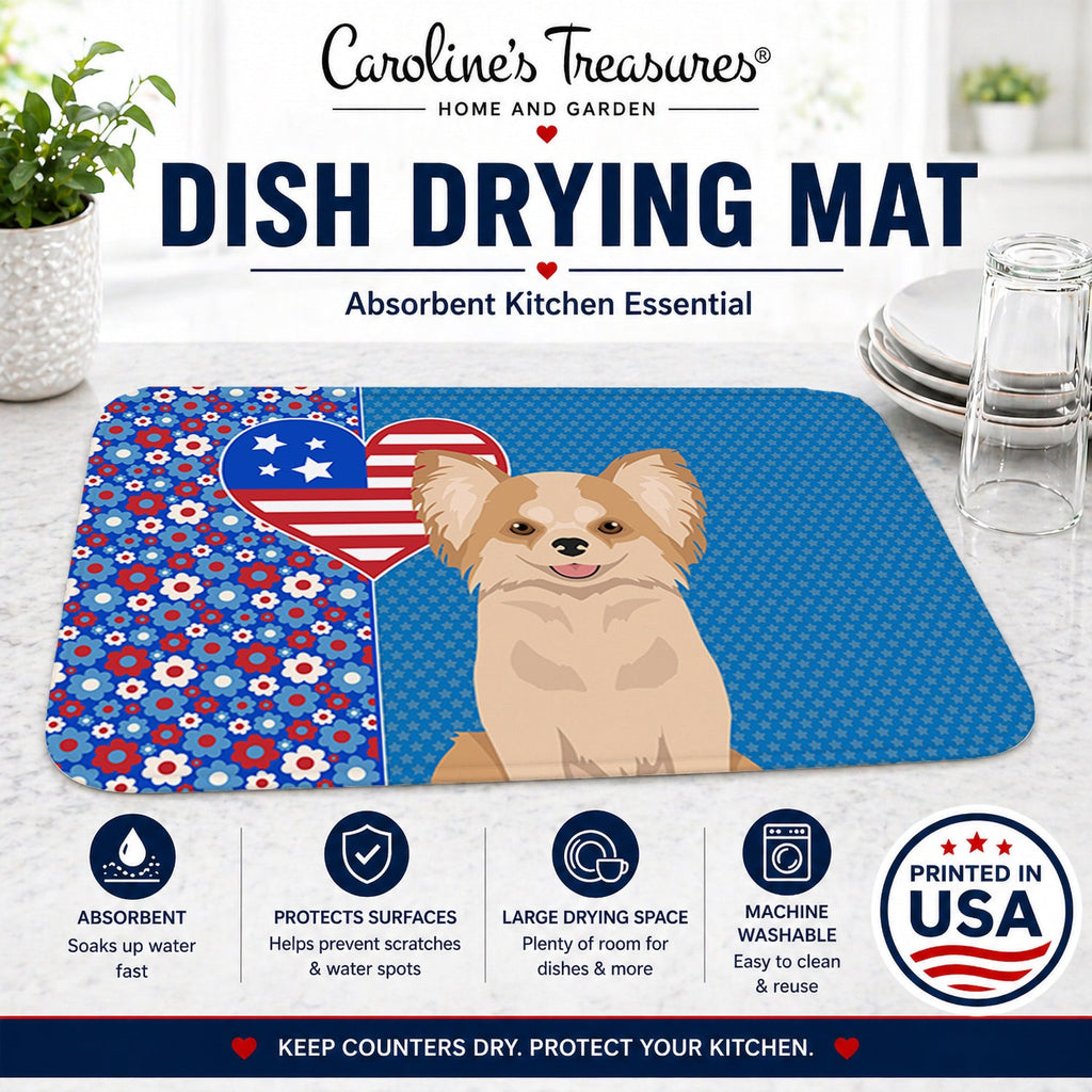 Longhaired Gold and White Chihuahua USA American Dish Drying Mat Absorbent Dish Drying Mat Pad for Kitchen Counter Dish Drainer Mat for Countertop, 14 x 21", Multicolor