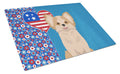 Longhaired Gold and White Chihuahua USA American Cutting Board Tempered Glass Kitchen Cutting Surface, Heat Resistant Chopping, Non-Slip Feet, Food Prep & Serving