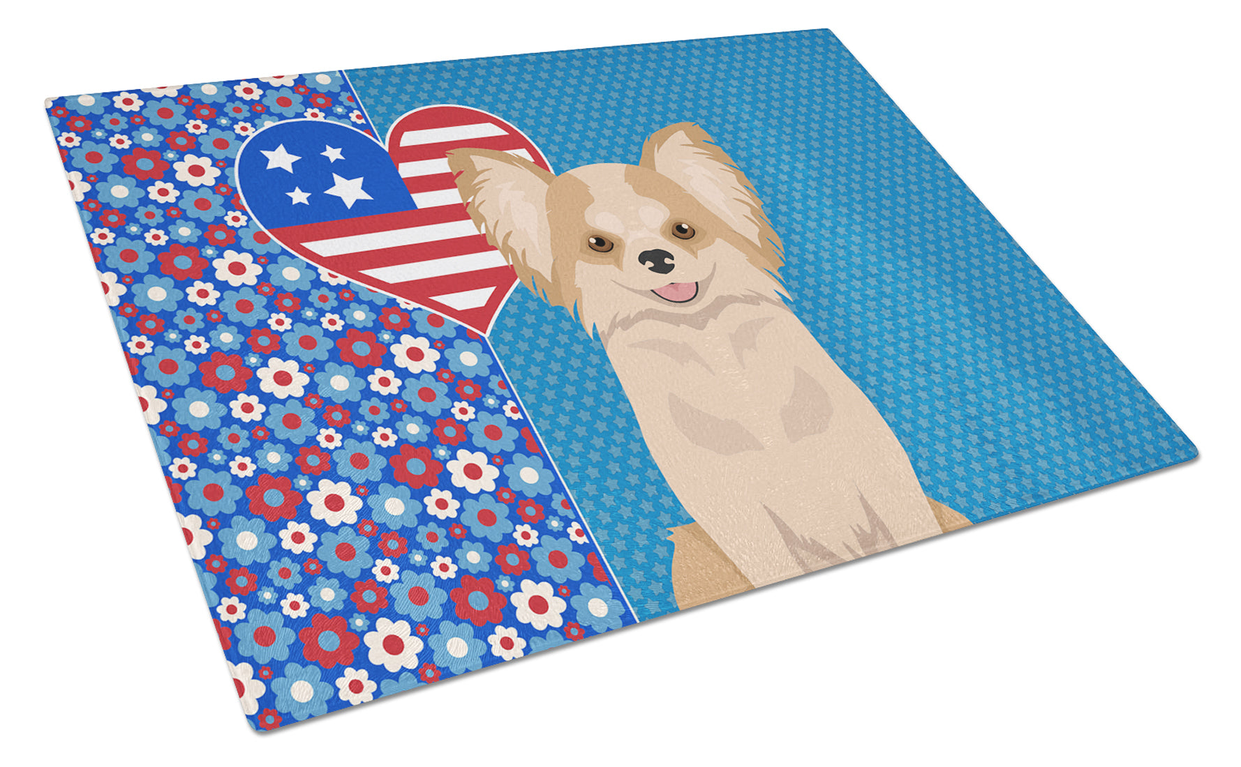 Longhaired Gold and White Chihuahua USA American Cutting Board Tempered Glass Kitchen Cutting Surface, Heat Resistant Chopping, Non-Slip Feet, Food Prep & Serving